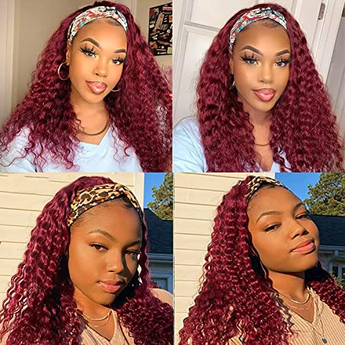 Image of 99J Burgundy Headband Wig Human Hair Deep Wave 20 Inch Red Colored Wigs | Glueless None Lace Front Curly Half Wigs for Black Women,Brazilian Virgin Hair Wear and Go Wig,Machine Made,150% Density
