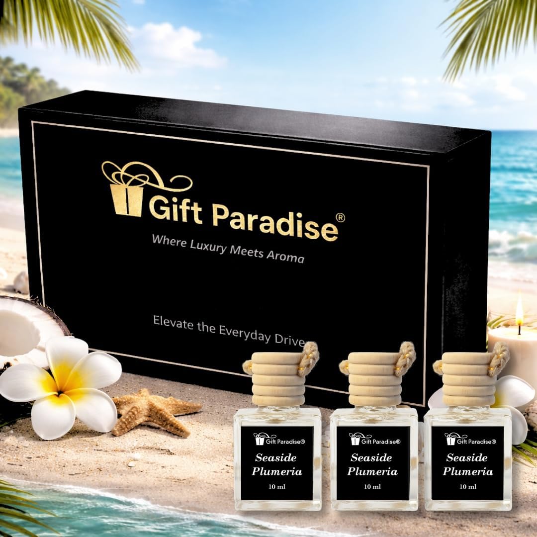 Gift Paradise® Seaside Plumeria Car Air Freshener Set of 3 with Magnetic Gift Box, 10 ml Hanging Diffuser Bottles with Wooden Cap, Tropical Floral Beach Scent for Car, Home & Closet image 2