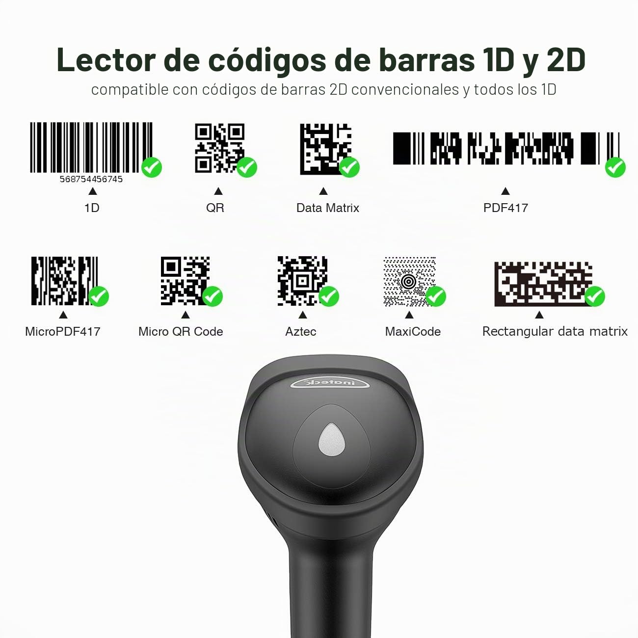 Inateck 2D QR Lector para códigos de Barras inalámbrico, códigos 1D, 2D, adptador Wireless, para POS, Compatible con Bluetooth y 2.4Ghz, BCST-50