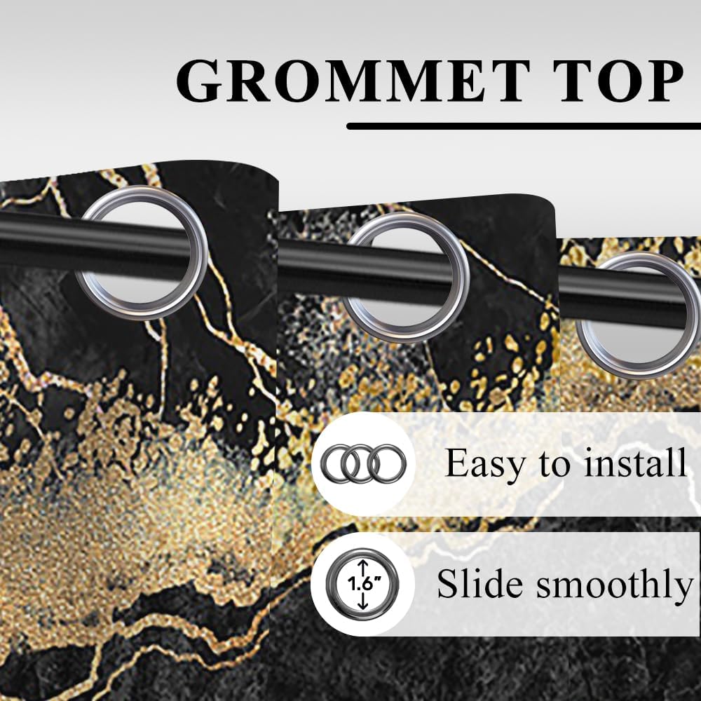 Blackout Curtains Black Grey Gold Marble Window Drapes Fluid Gold Foil Gothic Window Curtains Modern Abstract Art Window Treatments for Youth Living Room Bedroom Kitchen,21x45 inch,2 Panels