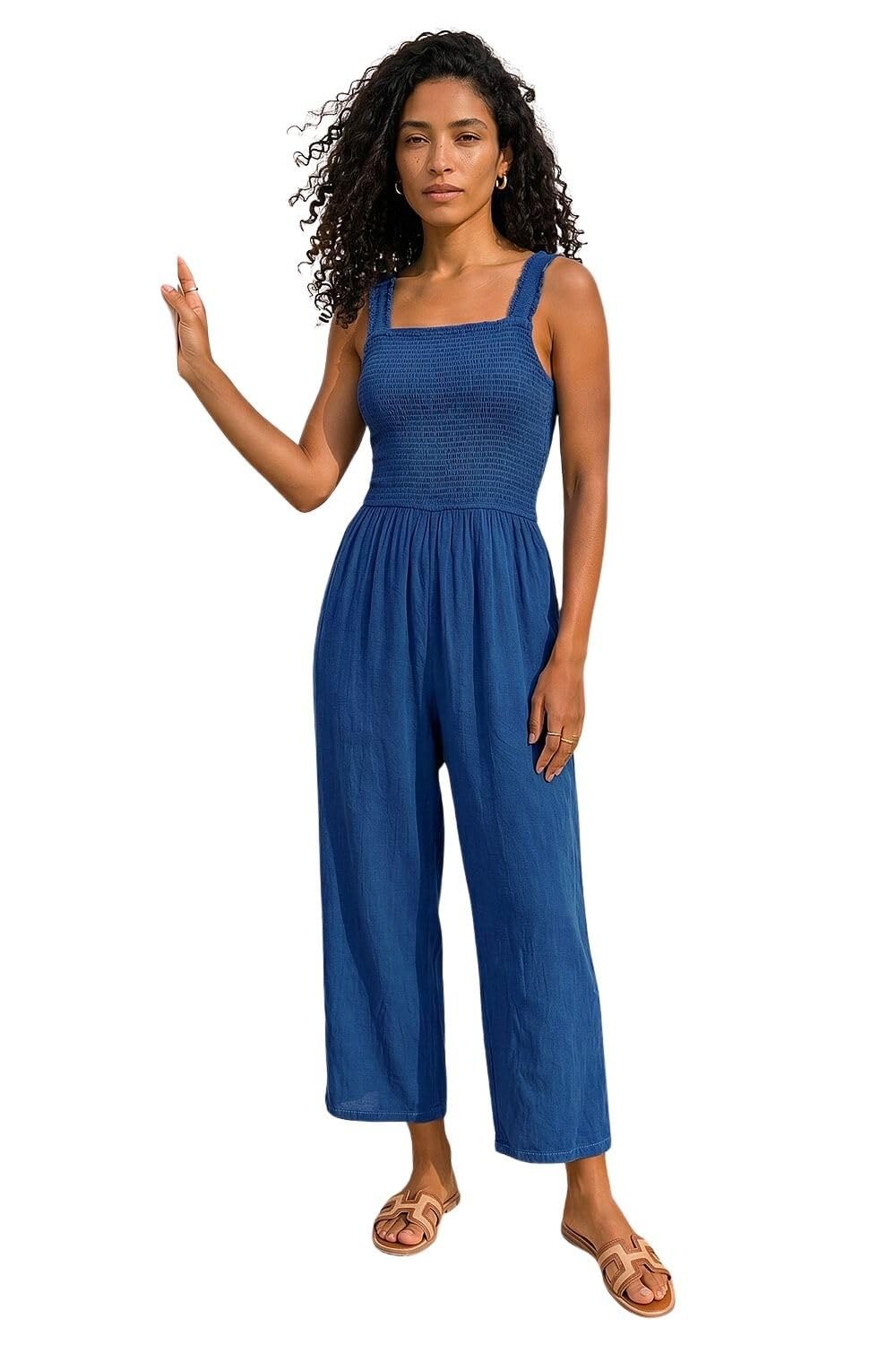 Roman Shirred Stretch Jumpsuit for Women UK - Ladies Everyday Holiday Spring Summer Square Neckline Comfy Soft Evening Vacation Work Party - Denim Blue - Size 12