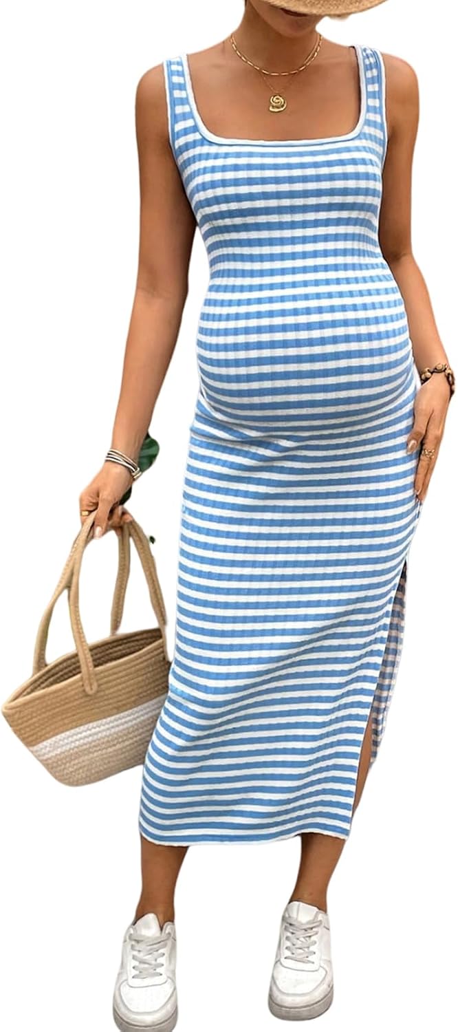 Sleeveless Rib Knit Maternity Dress Side Slit Bump Fit Striped Bodycon Sweater Dress