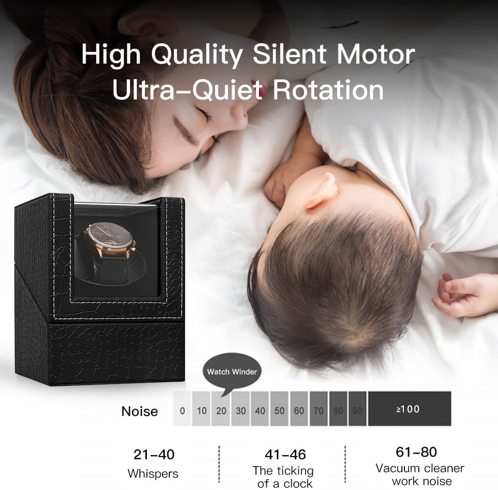 Automatic Single Watch Winder with Quiet Japanese Motor,AC Adapter or Battery Powered,Premium Leather Exterior and Soft Flexible Watch Pillows for Men's and Women's Watches