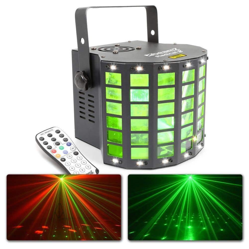 beamz Radical 2 • Effetto Luminoso 3in1 • 4X LED 3W RGBW • 4 Canali DMX • modalità Standalone • Effetto Derby, Laser e Strobo • Programmi Predefiniti • Telecomando Incluso • Laser Rosso/Verde