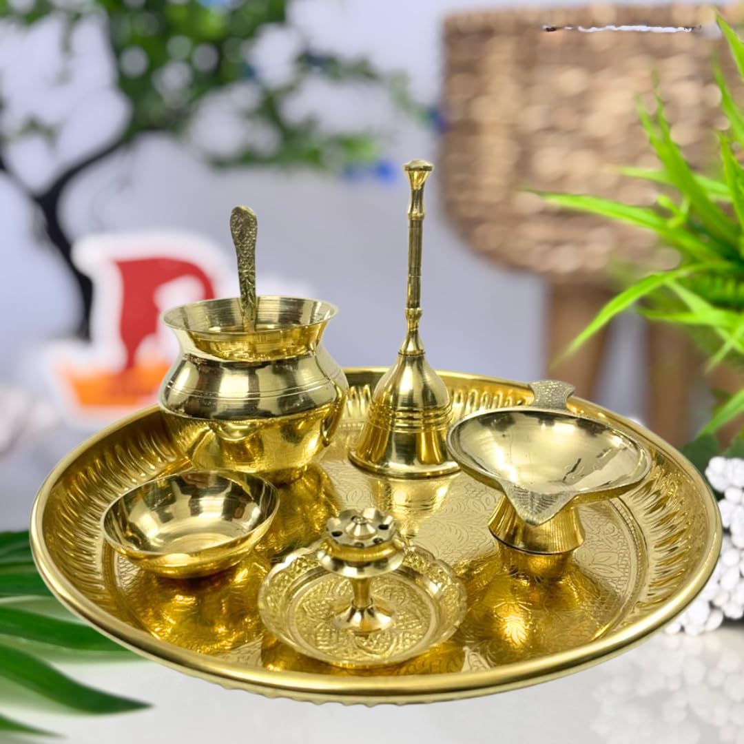 Brass Puja Thali Set with Bell, Diya, Incense Holder, Spoon, Bowl and Lota Aarti Plate for Pooja with Diya Pooja Thali Set Brass Puja Thali Set for Home Gold Finish, 18 Cm Diameter-image-32