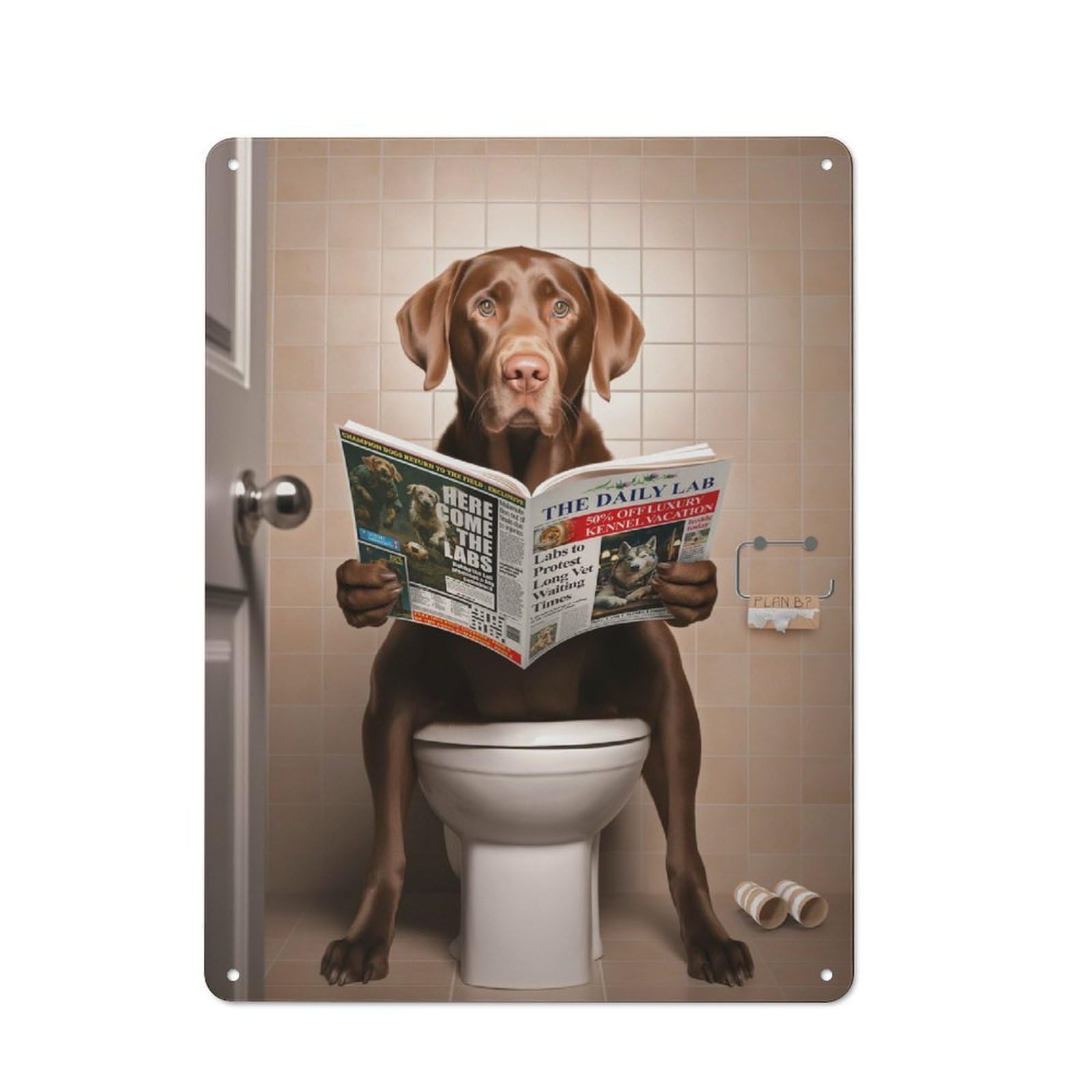 Junmoney Brown Labrador On Toilet Metal Wall Sign 40X30cm, Retro Decor For Hallway Wall, For Wall Display Collectors