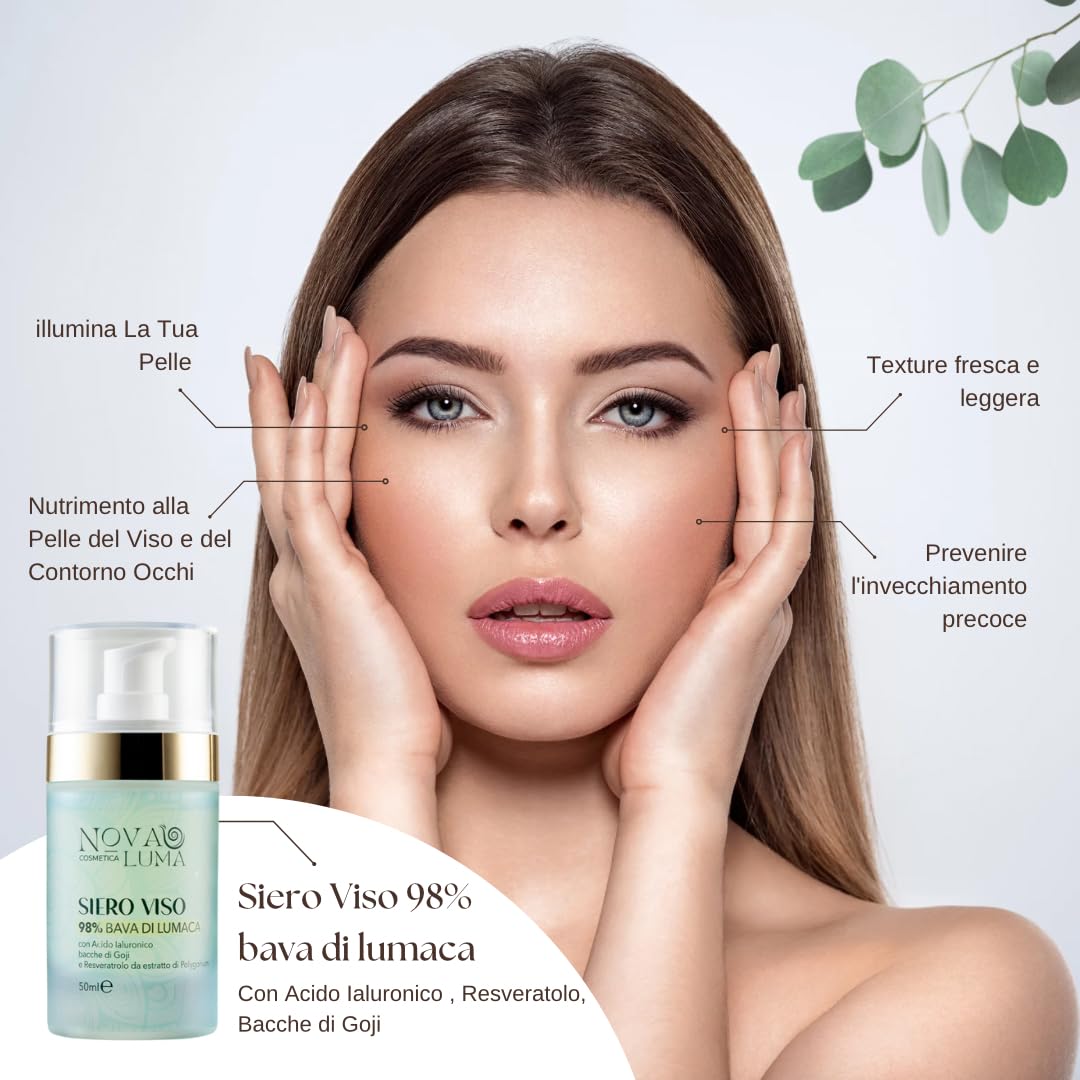 Nova Luma - 3 in 1, Siero e Crema con Bava Di Lumaca 98% e 80% Acido Ialuronico Antirughe e Aloe Vera con Maschera Viso 60% Contorno Occhi,Burro di Karitè,Olio d'Oliva