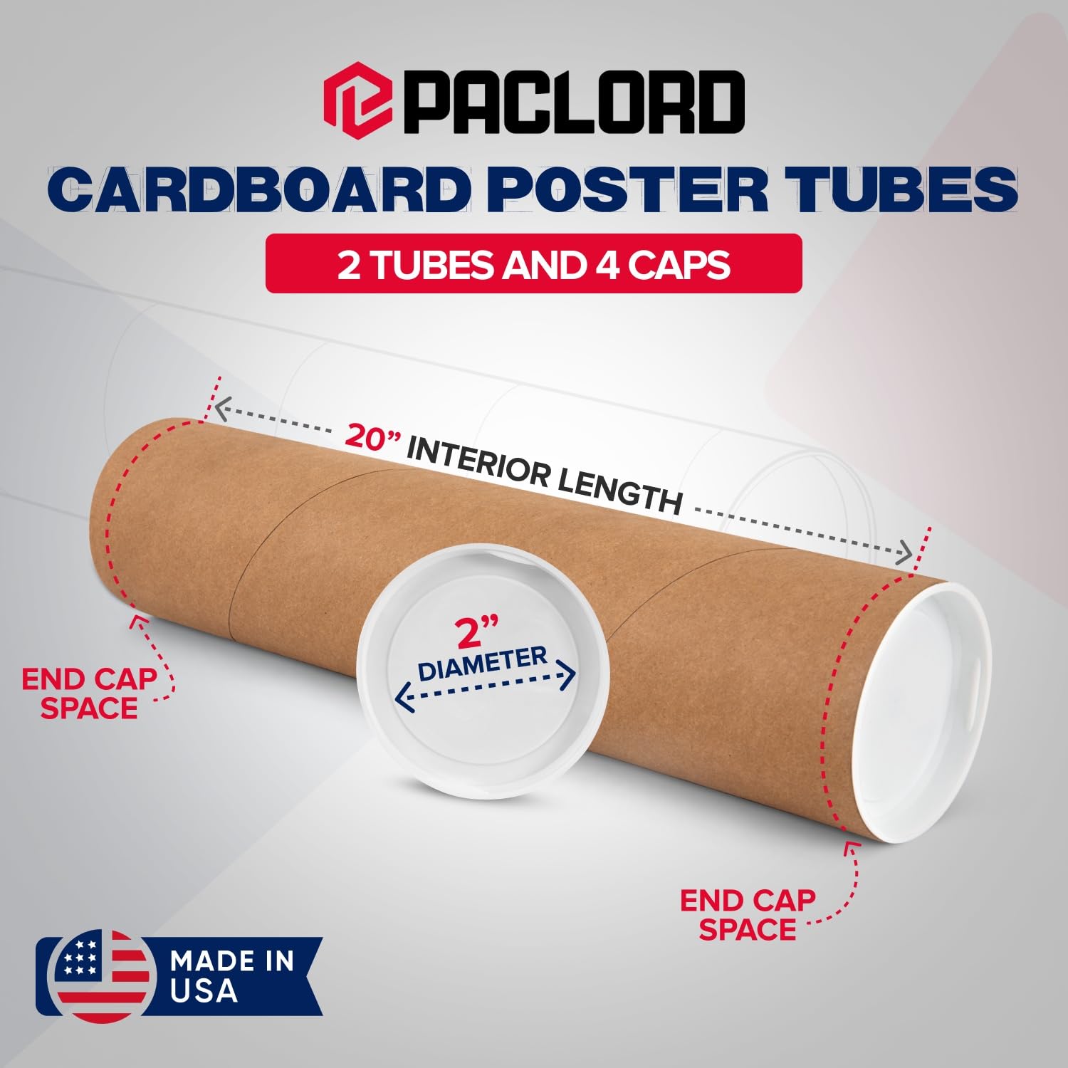 Tubos de correo de papel kraft reforzados de 2 x 20 pulgadas, paquete de 2 tubos con 2 tapas cada uno, tubo de póster aprobado por USPS, tubo de cartón fabricado en Estados Unidos para enviar y