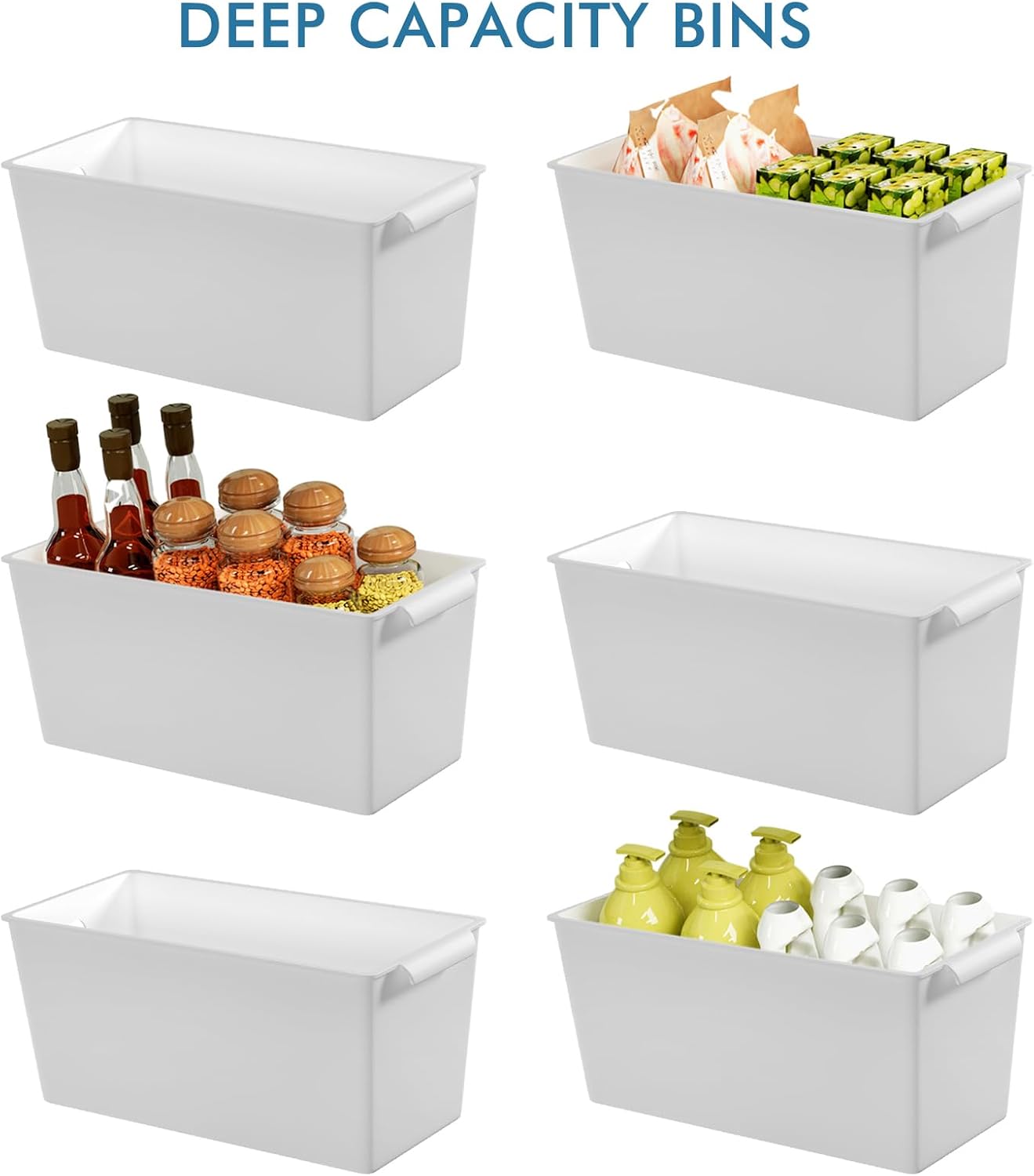 Plastic Storage Bins 12 Pack, Front Handle Design, 11"x5" White Pantry Organization and Storage Open Top Baskets for Shelves Closet Cabinet Sink Counter Cupboard Drawer Rridge