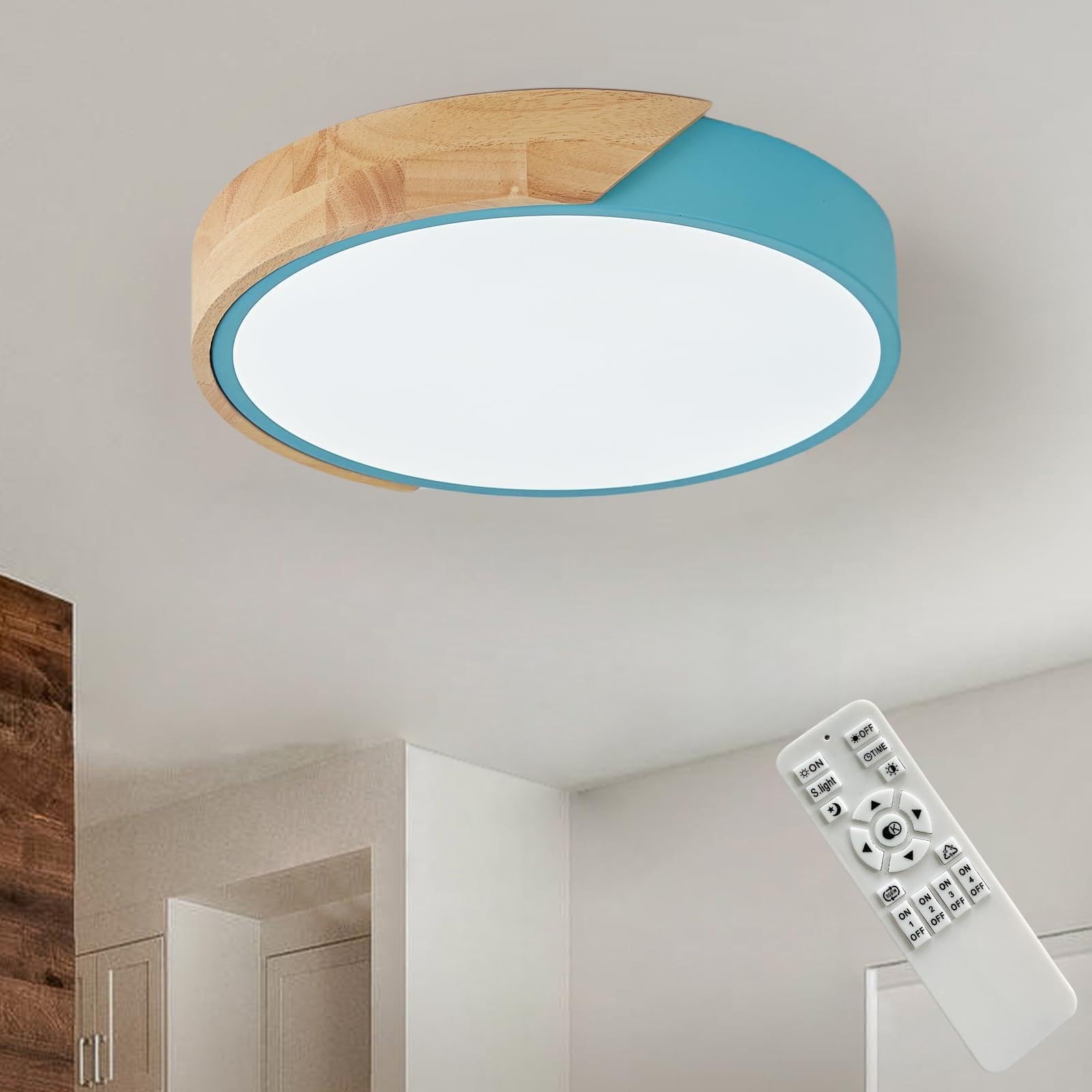 HTsilphelene Wooden Ceiling Light,Wood Flush Ceiling Lights with Acrylic Lampshade,Dimmable Light Fitting Ceiling for Living Room Bedroom Kitchen Lounge Hallway (Blue,40CM)