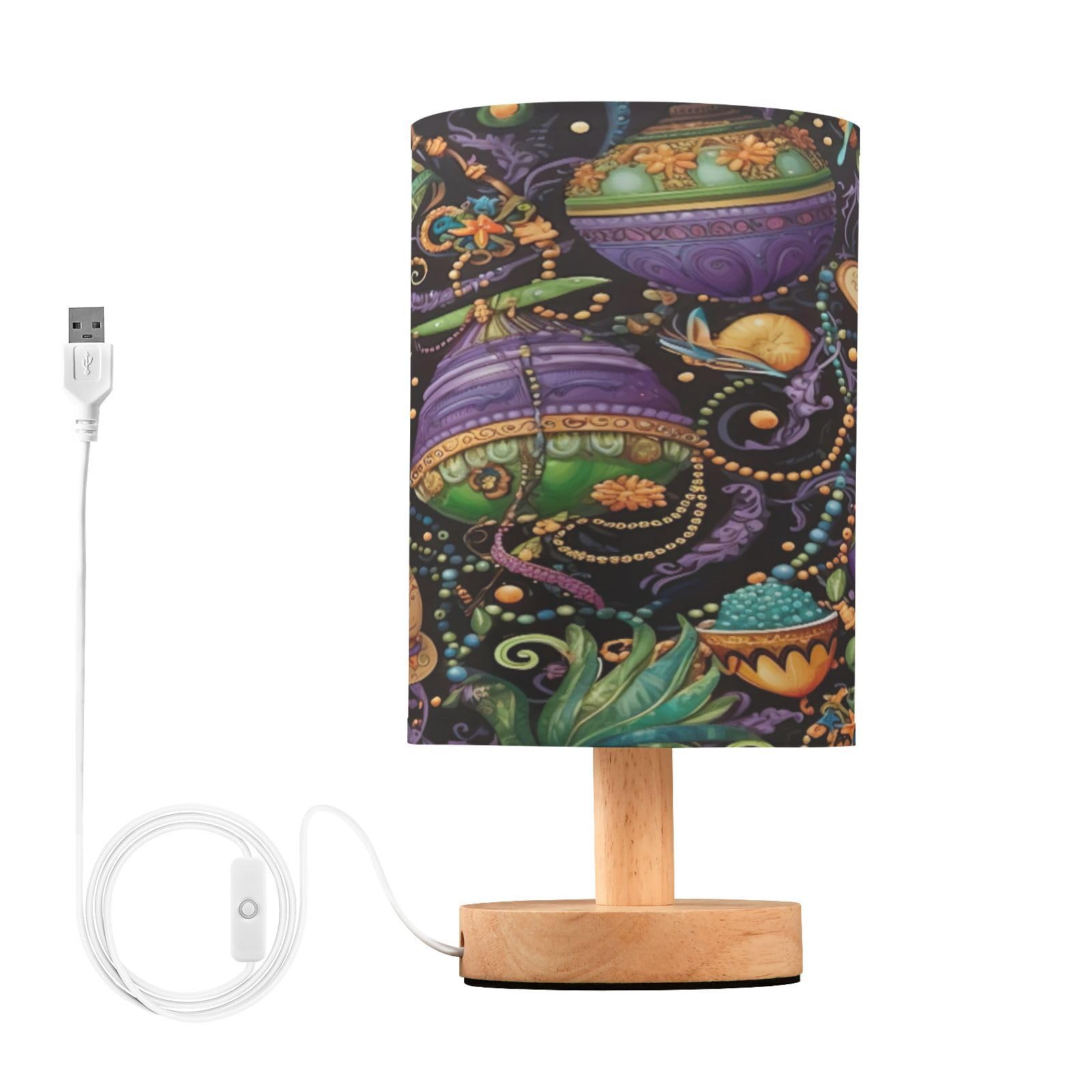 SDMKA Mardi Gras Print Bedside Table Lamp for Bedroom, Minimalist Nightstand Lamp with Round Fabric Shade for Living Room, Office, No Bulb Required