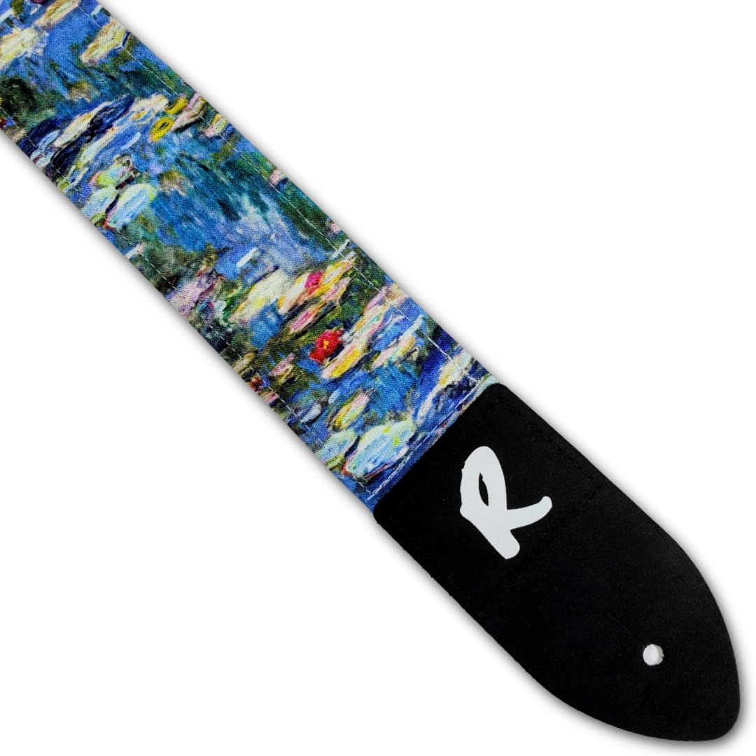 Water Lilies Guitar Strap -Claude Monet Lillies, Genuine Leather Ends, Includes 2 Strap Locks & 1 Pick. Adjustable Strap, For Bass, Electric & Acoustic Guitars Gift for Guitar Players