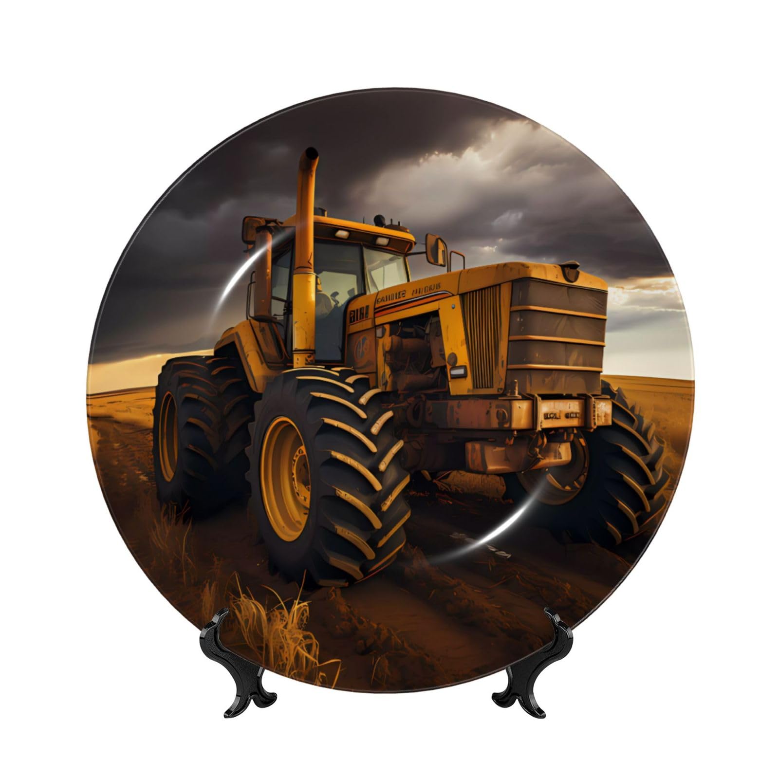 SXZVVBN Tractor in the field Bone China Decorative Plate Art with Stand Removable Adhesive Hanging for Home Office 8in（20cm）