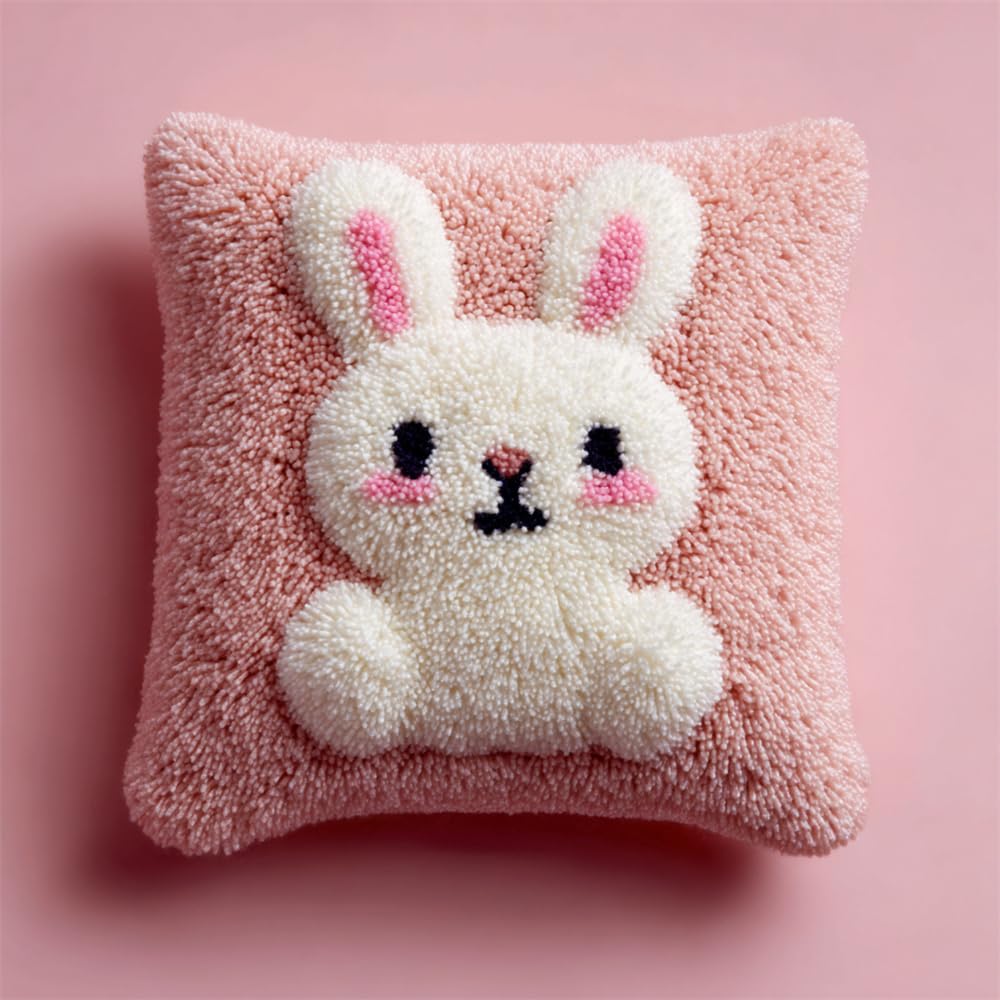 RKFLGEW Latch Hook Kits for Adults Beginners, Cute Bunny 17X17 in Pre-Printed Latch Hook Pillow Kit, Craft Rug Making Kits, DIY Embroidery Cushion for Home Sofa Decor & Gift Idea