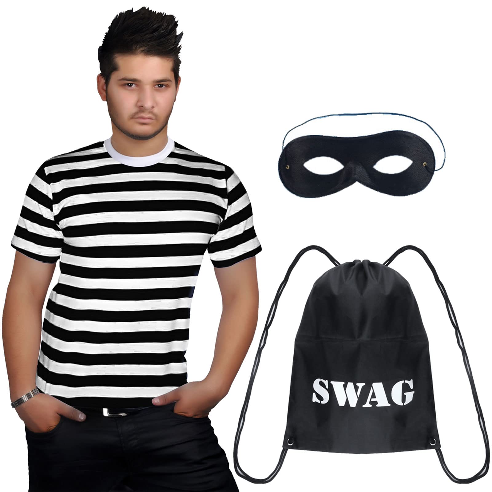 labreeze Adults Thief/Robber Costume Black White T-Shirt Domino Mask Swag Bag World Book Day Fancy Dress (XX-Large)