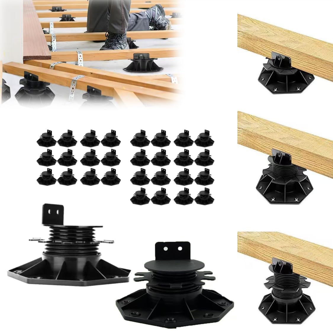 30 Pack Adjustable Decking Support Pedestal Risers, Heavy Duty Foundation Base Supports for Floating or Composite Decking, Adjustable Joist Risers (30mm–60mm)