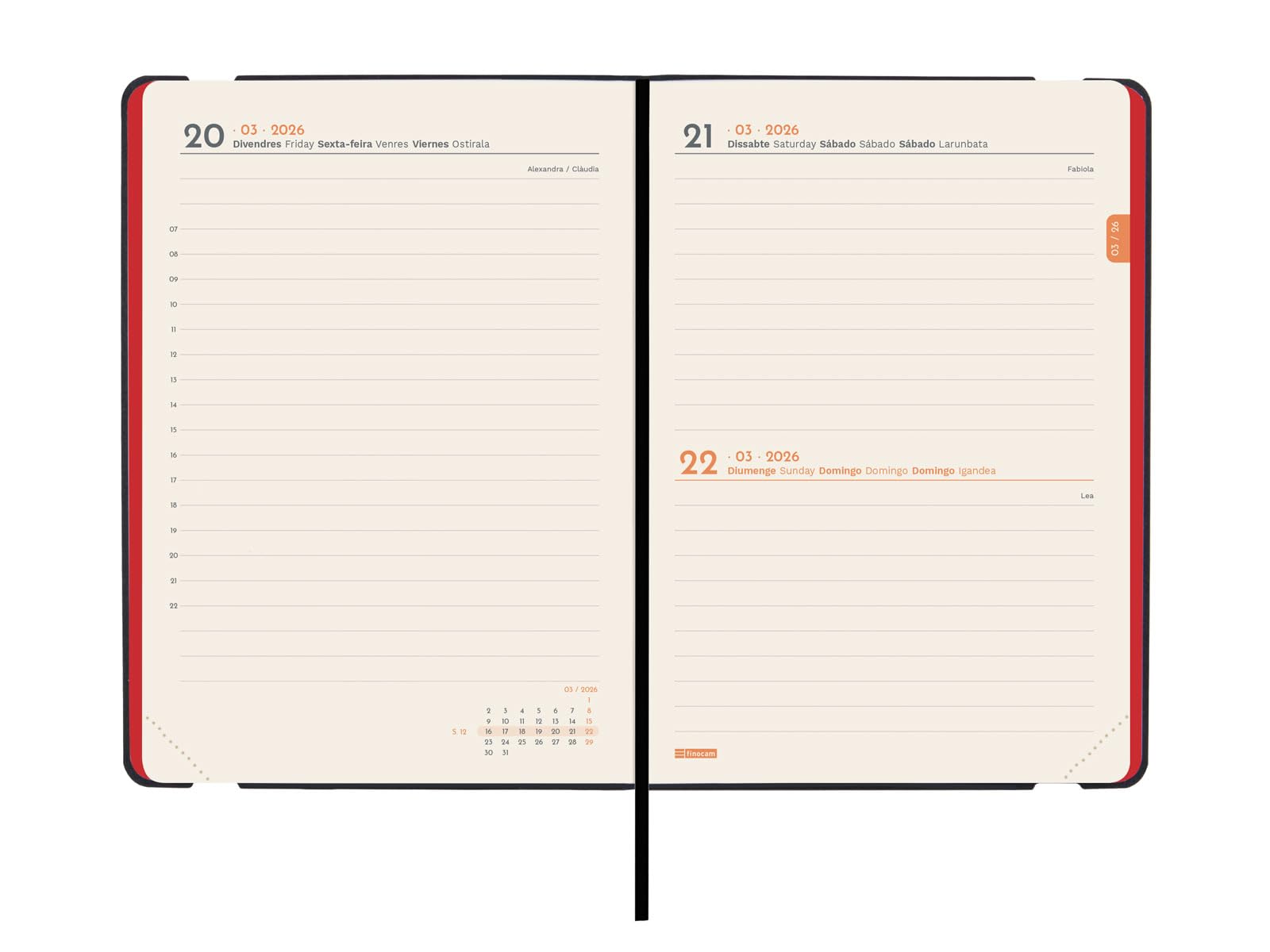 Finocam Spiraalkalender 2026, 1 dag per pagina, januari - december (12 maanden), A4-jaarplanner 2026, met elastiek, deksel van polypropyleen, spiraalbinding, zwart, Catalaans