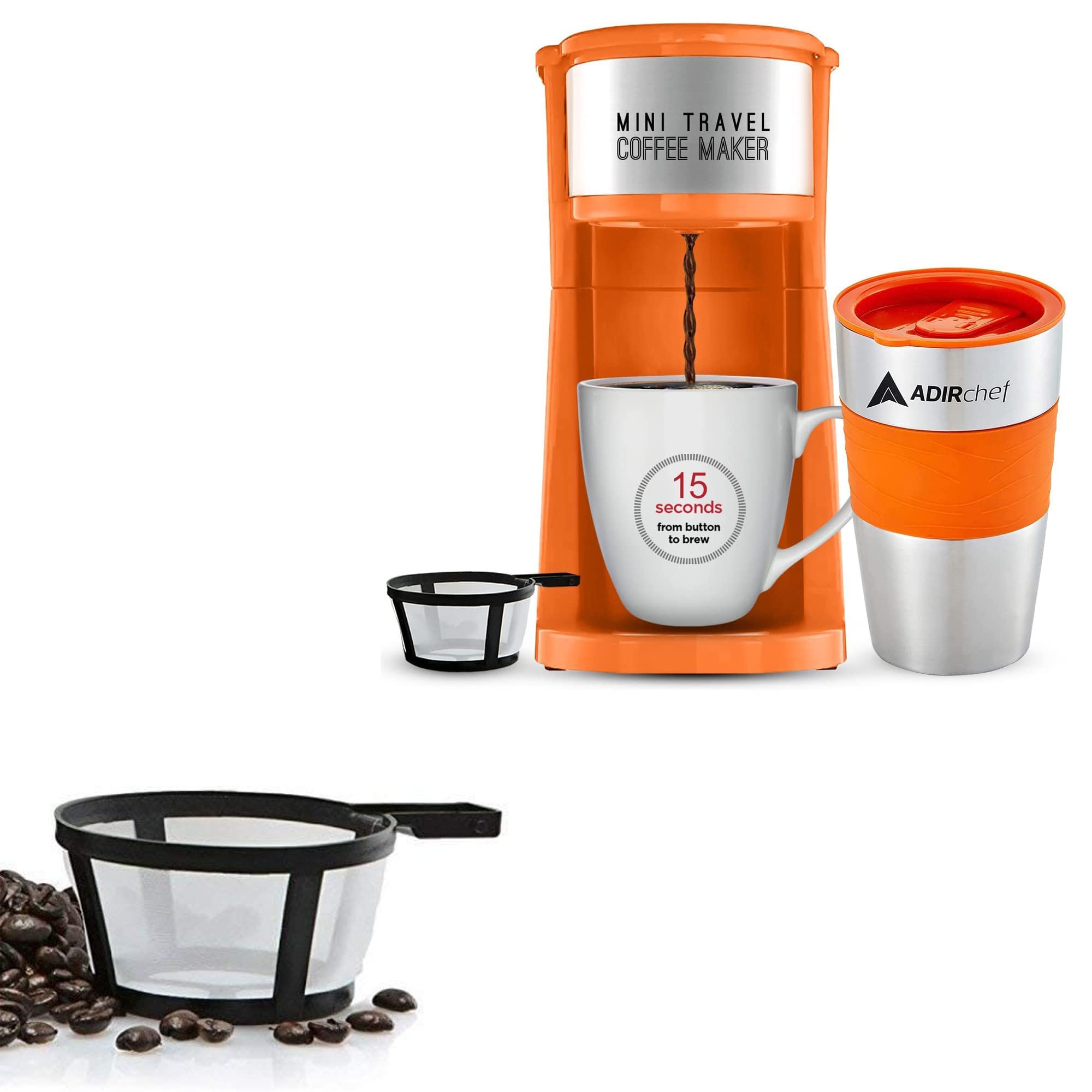 Photo 1 of AdirChef Mini Travel Single Serve Coffee Maker & 15 oz. Travel Mug Coffee Tumbler & Reusable Filter (Orange), Replacement Filter (Black) Bundle