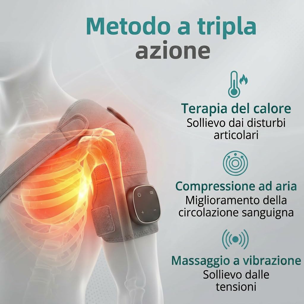 Hewelth Massaggiatore Per Spalle Triple Method – Massaggiatore Spalla Portatile Ricaricabile, Tutore Spalla con Vibrazione Calore e Compressione Aria per Casa e Ufficio (×1)