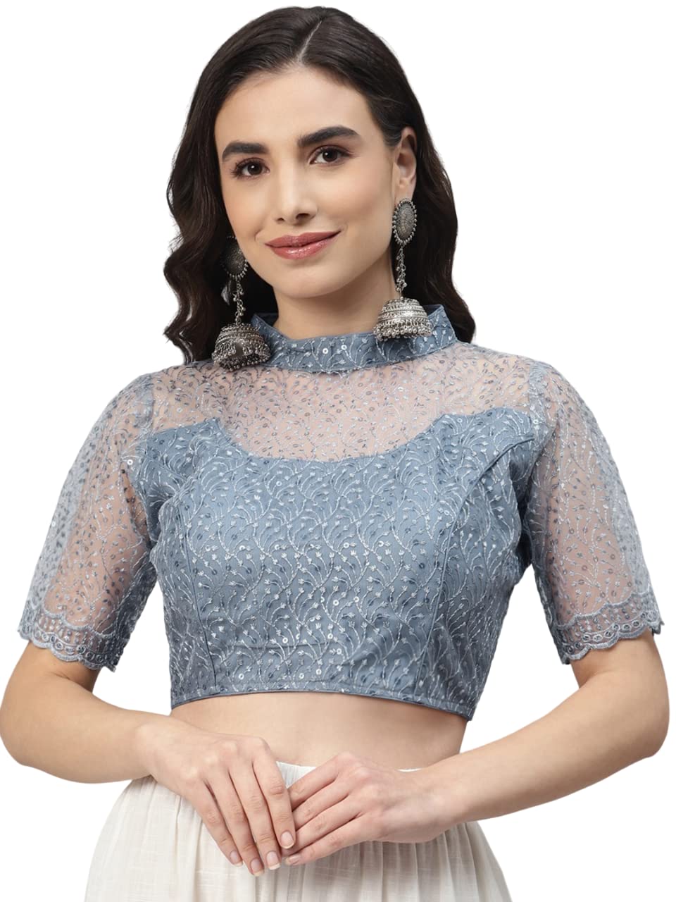 GLOBON IMPEX Indian Designer Solid Sequined Georgette Padded Saree Crop Top Blouse For Women