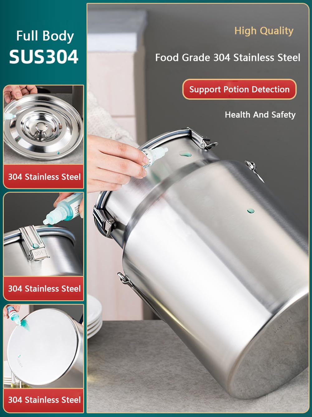 Lattiera in acciaio inox resistente con coperchio ermetico e maniglia, capacità 3-10 litri, colore argento. (10L)