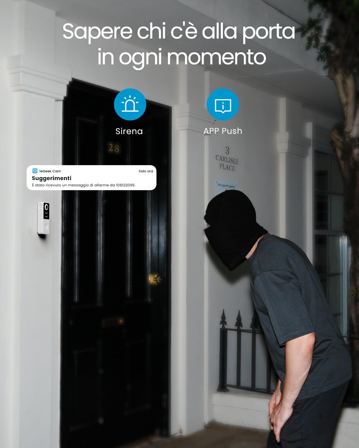 ieGeek 2K 3MP Videocitofono Wifi con 180° Angolo Visuale, Videocitofono Senza Fili da Esterno per Casa o Azienda, IP65, Rilevamento Intelligente, Installazione Facile, Visione Notturna, 2,4Ghz