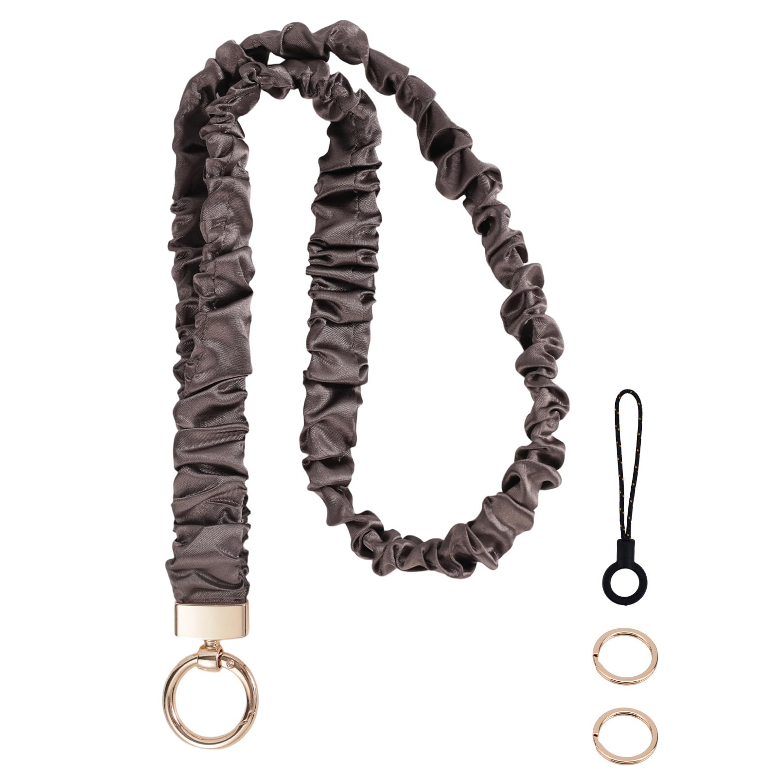 Fukaisu Stretchy Scrunchie Lanyard, Cute Elastic Neck Lanyard with 2 Rings & Phone Strap for Nurse Women & Teachers Retractable Keychain Holder for ID Badge Gifts Decorations Accessories (Coffee)