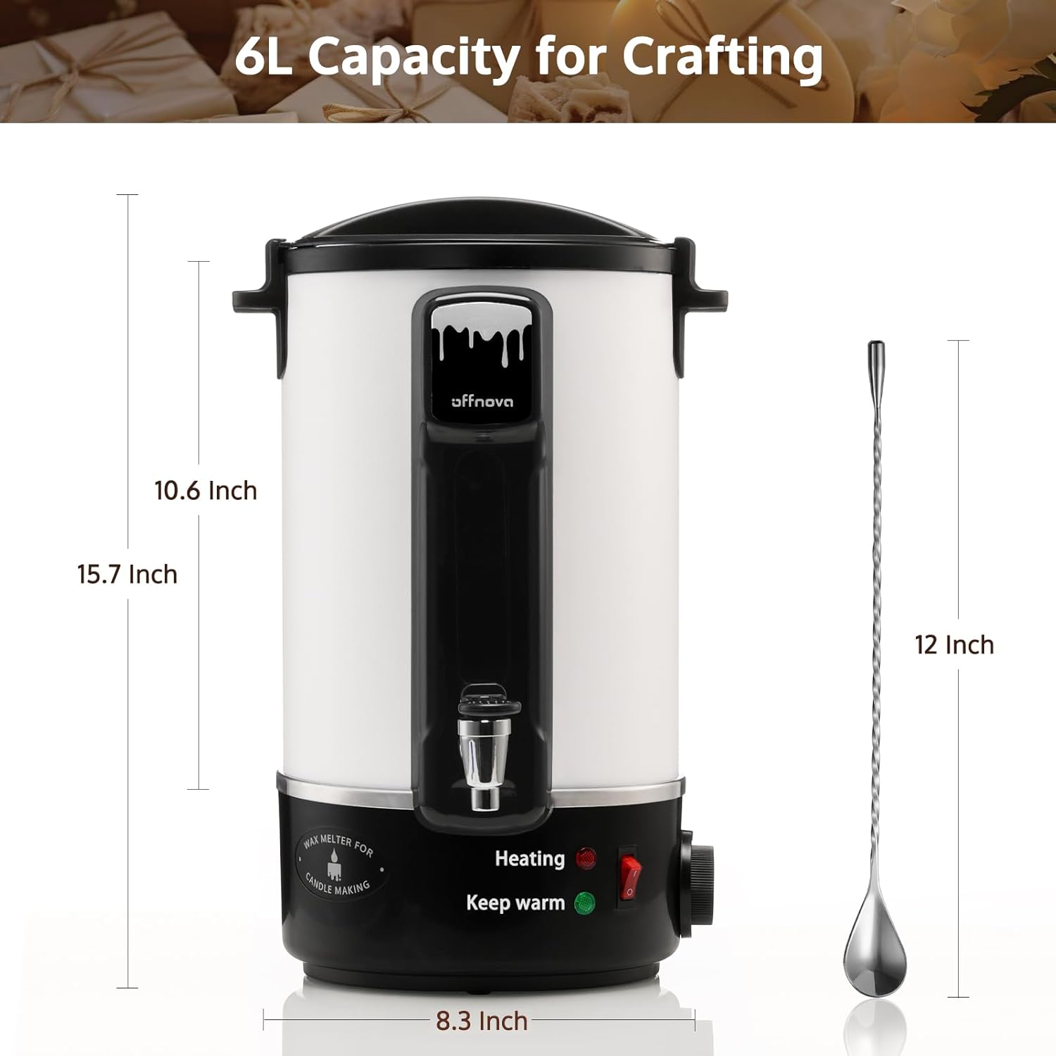 OFFNOVA Wax Melter for Candle Making, 6L Large Wax Melting Pot with Heating Core Spout, Ideal for Business or Craft(White)