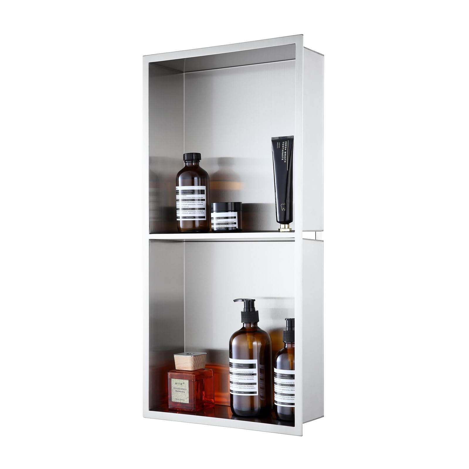 ROVOGO 60 x 30 x 10 cm Eingebettete Doppel-Duschnische Lagerung für Bad, Wandnische Dusche Edelstahl 304, Einbaunische Dusche Übermontage, Einbauregal & Wandregal Duschenaufbewahrung, Gebürstet