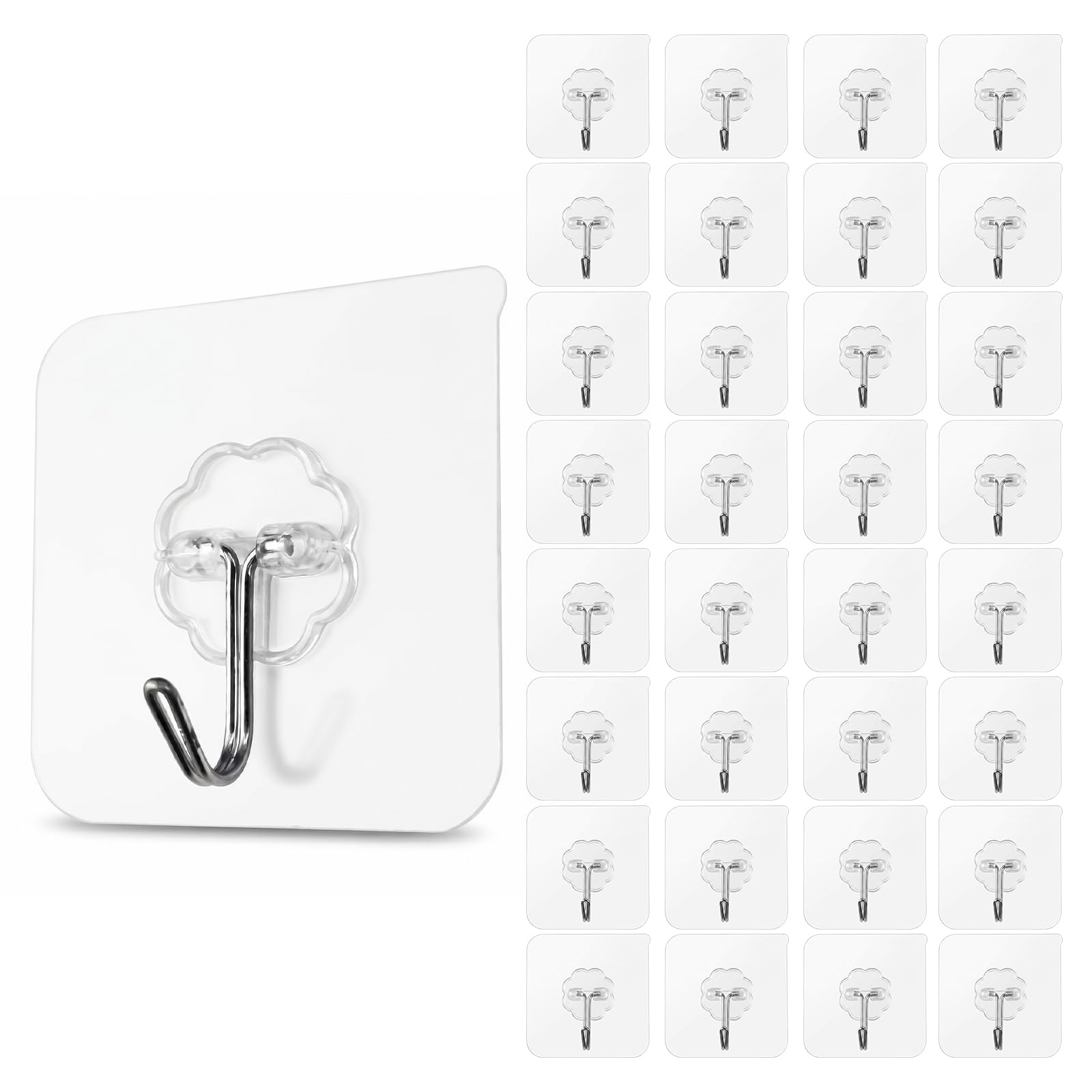 Muexoee Transparent Adhesive Hooks Heavy Duty Wall Hooks, 10Kg (22Lbs) Max Load Self Adhesive Sticky Hooks, Waterproof Removable Utility Hooks For Kitchen Bathroom Office Home, 32 Packs