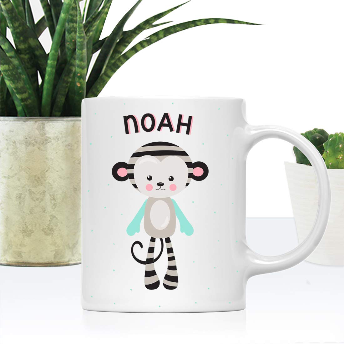 Andaz Press Personalized 11oz. Kids Milk Hot Chocolate Mug, Mod Monkey Doll, 1-Pack, Custom Child’s Birthday Christmas Coffee Cup