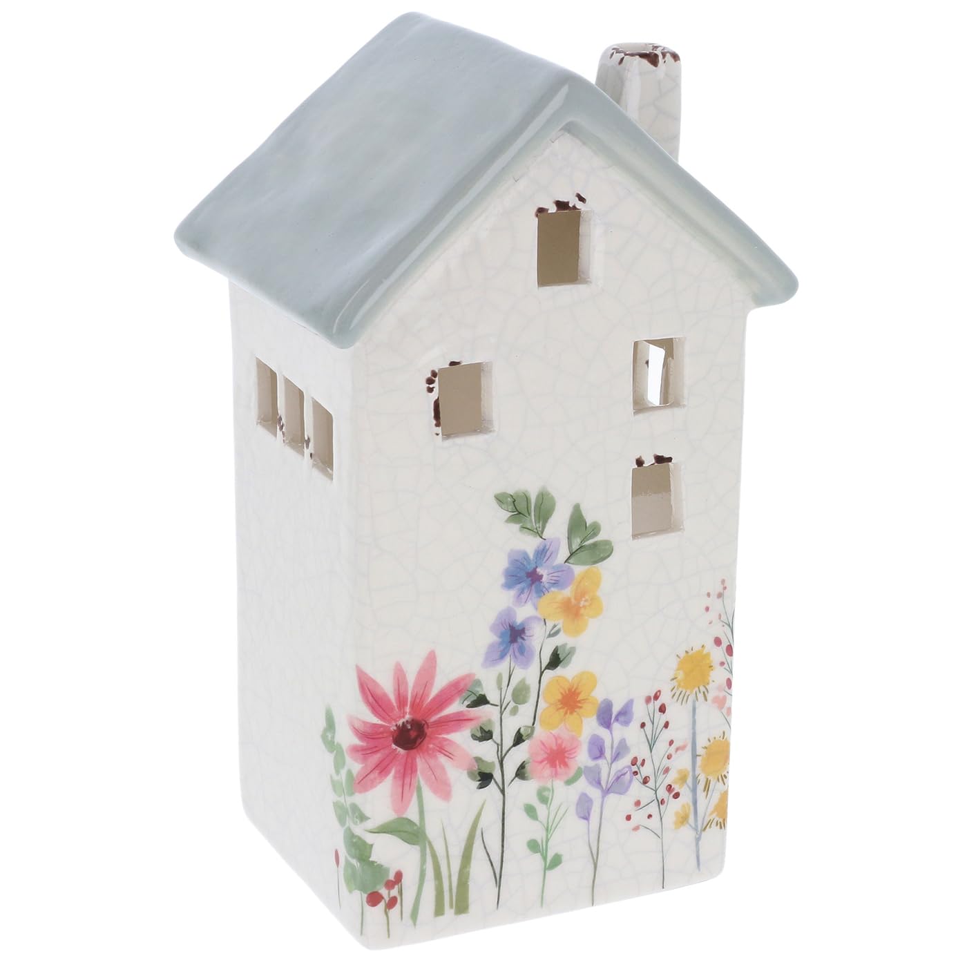Shudehill Giftware Meadow Garden House Pastel Coloured Tealight Holder Houses With Crackle Effect - Pink, Grey, Sage Roof With Floral Design (Grey 2)
