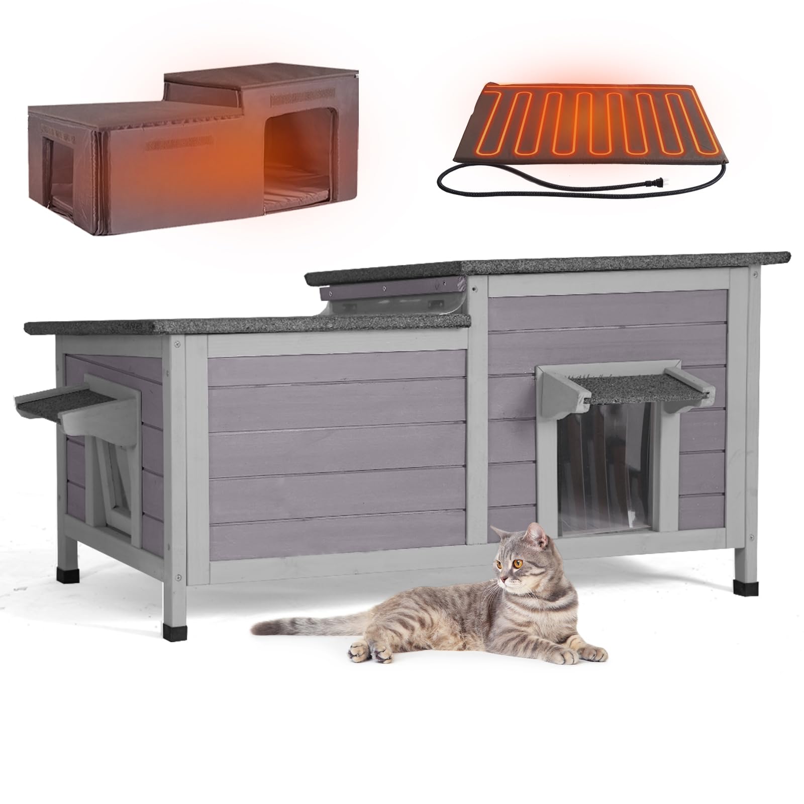 Aivituvin Heated Cat House for Outdoor Wooden Cat Condo Weatherproof Insulated Feral Cat Shelter Outside for Winter