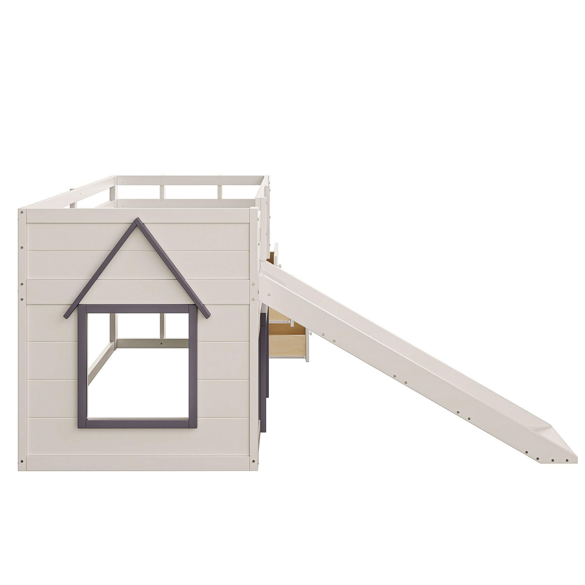 Merax Kinderbett 90x200 Funktionsbett Kinder Hochbett mit Rutsche, Stauraum, Unterhaltungsbereich unter dem Bett - Holzbett mit Lattenrost, Leiter und Rausfallschutz, Kiefer, ohne Matratze, Creme