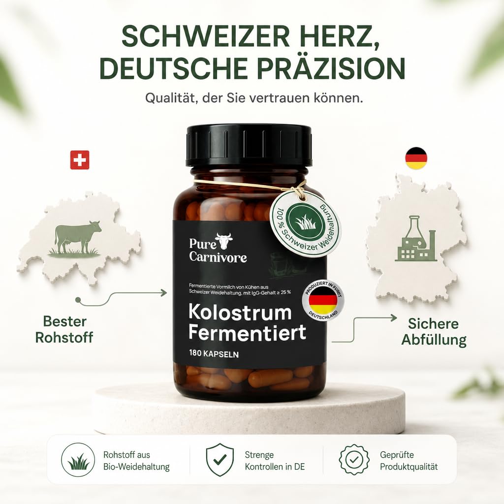 Colostrum Kapseln (180 Stück) | Fermentiertes Bio Colostrum aus Schweizer Weidehaltung | ≥ 25% IgG | Ohne Zusätze | Abgefüllt in Deutschland | PureCarnivore