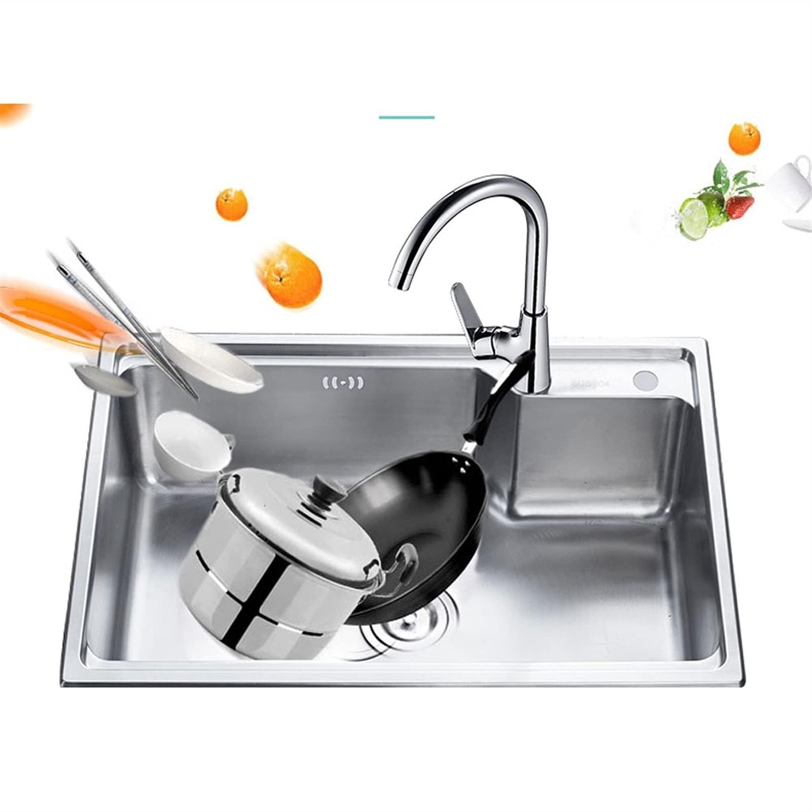 SDdPulse Fregadero de cocina de acero inoxidable 304 con canasta, lavabo de barra de gran capacidad con tubo de drenaje para el hogar y la oficina, plateado, 65 x 43 cm