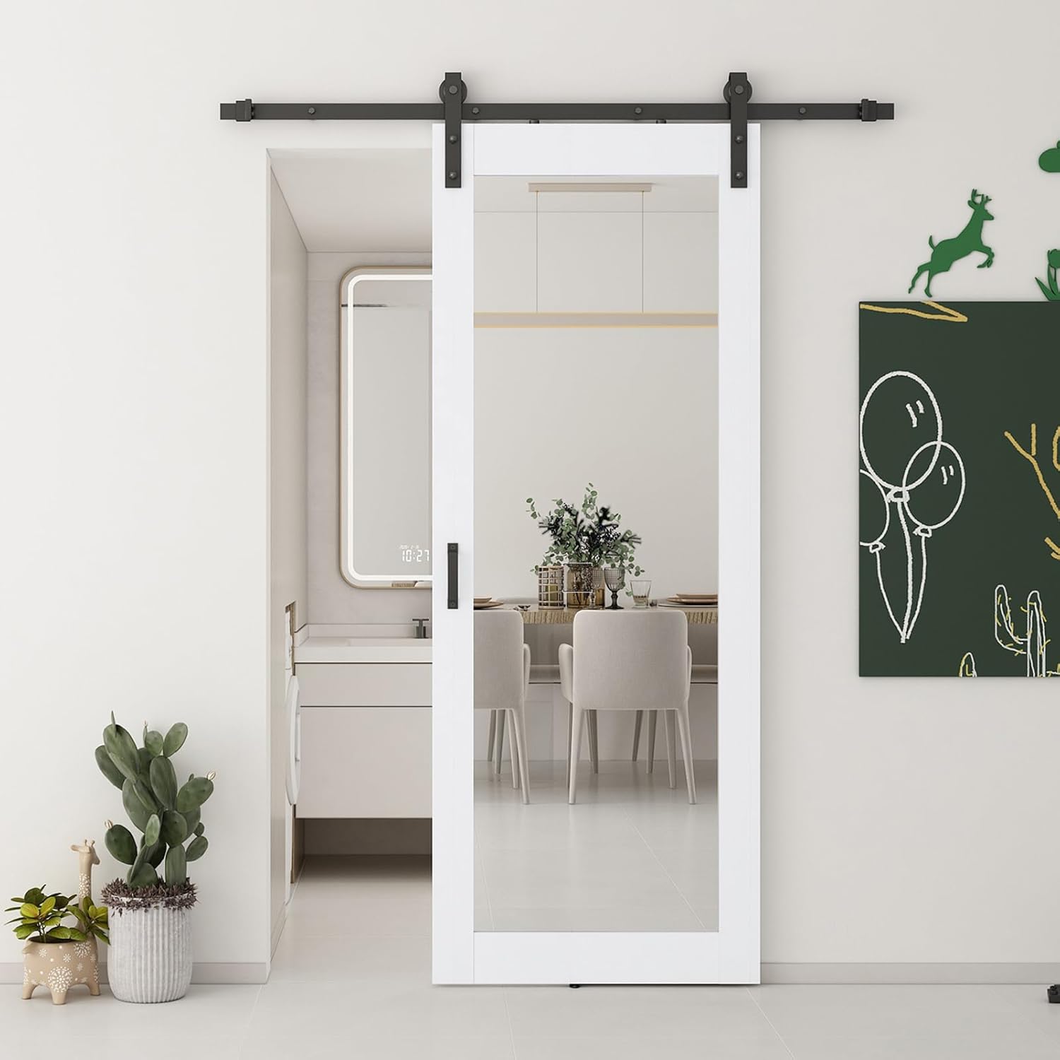 JUBEST 32x84 in Mirror Barn Door and 5.5FT Sliding Door Hardware Kit Included, White Full Length Mirror, Solid Wood Panel Covered with Water-Proof PVC Surface, No Assembly Required