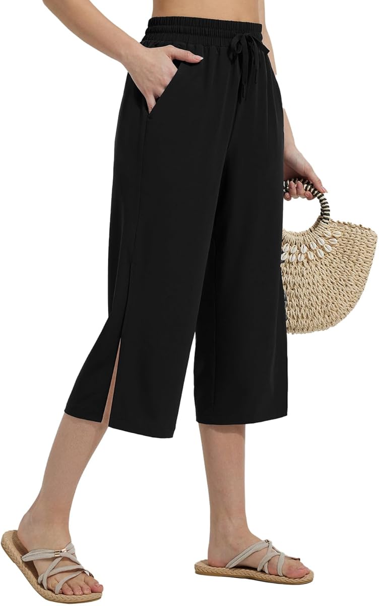 baleaf Women's Quick Dry Swim Pants Wide Leg Beach Pants UPF50+ Lightweight Swim Capris Travel Pants with Zipper Pockets