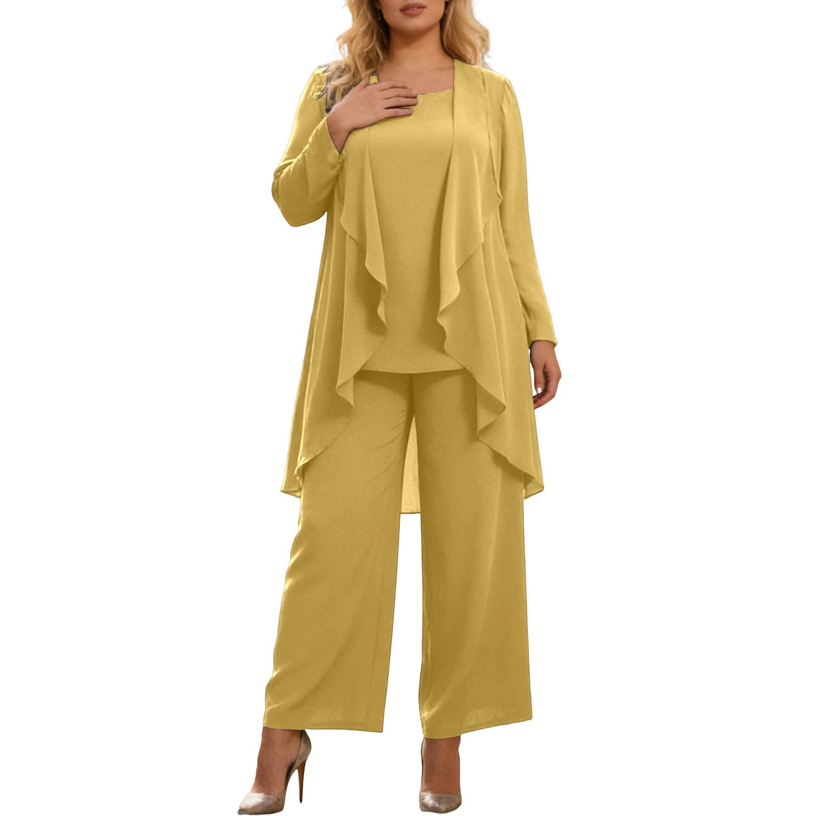 3 pezzi Madre della Sposa Tuta Pantaloni Donna Grandi Taglie Festive Abito Chiffon per Matrimonio Vintage Pantaloni Lunghi Camicia In Chiffon E Cardigan Elegante Locker Abito Da Sera Leggero