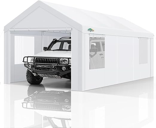 COBIZI Carport Canopy 12x20 Heavy Duty Portable Garage with Roll-Up Ventilation Windows & Doors, Removable Sidewalls Car Canopy Tent Waterproof with Built-in Sandbags for Cars, Boats, Trucks, White2