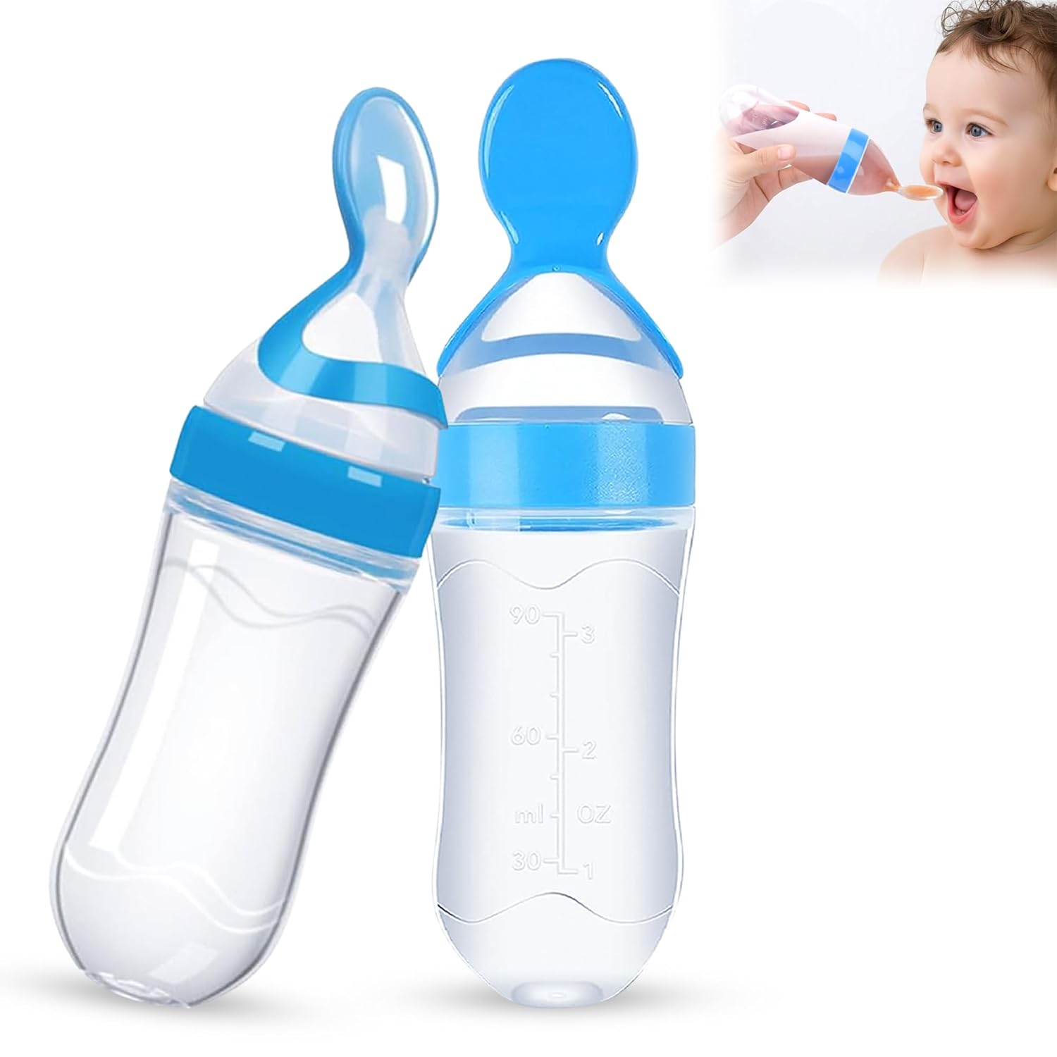 GLUN® Pack of 2 Silicone Baby Feeding Bottles for Newborns, Bottle with Spoon Cap Collapsible Bottle with Squeeze Spoon Feeder for Milk, Cereal, and Fruit, BPA-Free Material