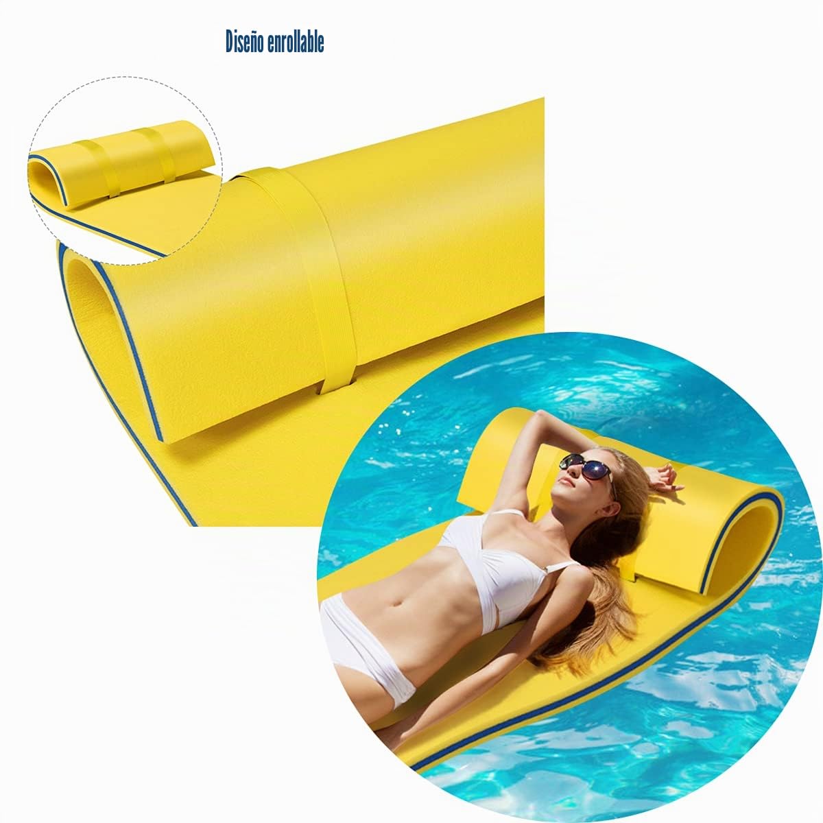 RELAX4LIFE 210x66cm Colchoneta Flotante para Piscina con Cuerda de Fijación, Tumbona de Agua Enrollable de 3 Capas de Espuma XPE, Esterilla Flotante para Descanso y Relajación, Carga 70kg