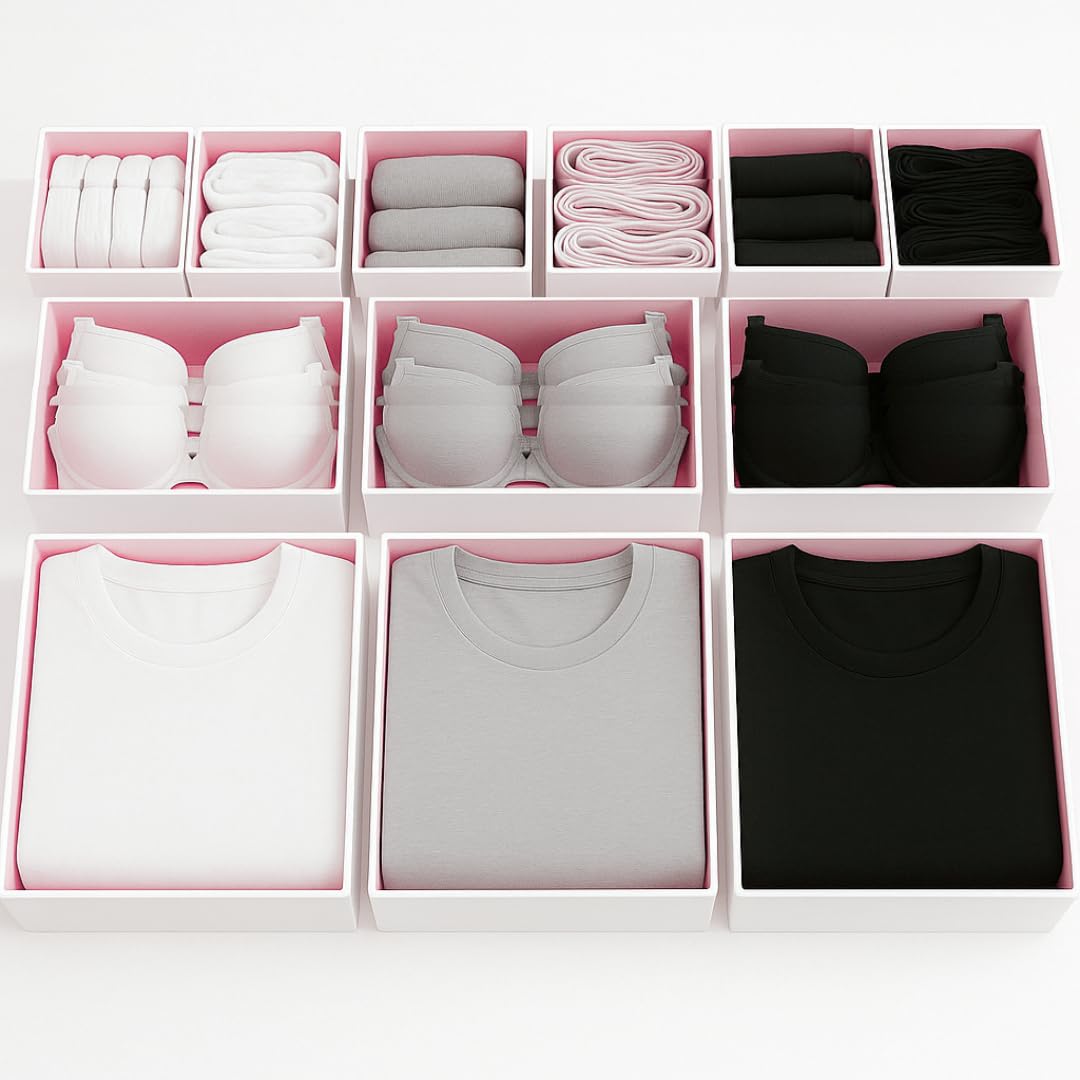 Bermondsey Division 12 Pcs Pink/White Set Of 12 Drawer Organiser Pink Divider Drawer Dividers Clothes Storage Bedroom Drawers Wardrobe Organiser Storage Organizer Clothing & Wardrobe Solutions
