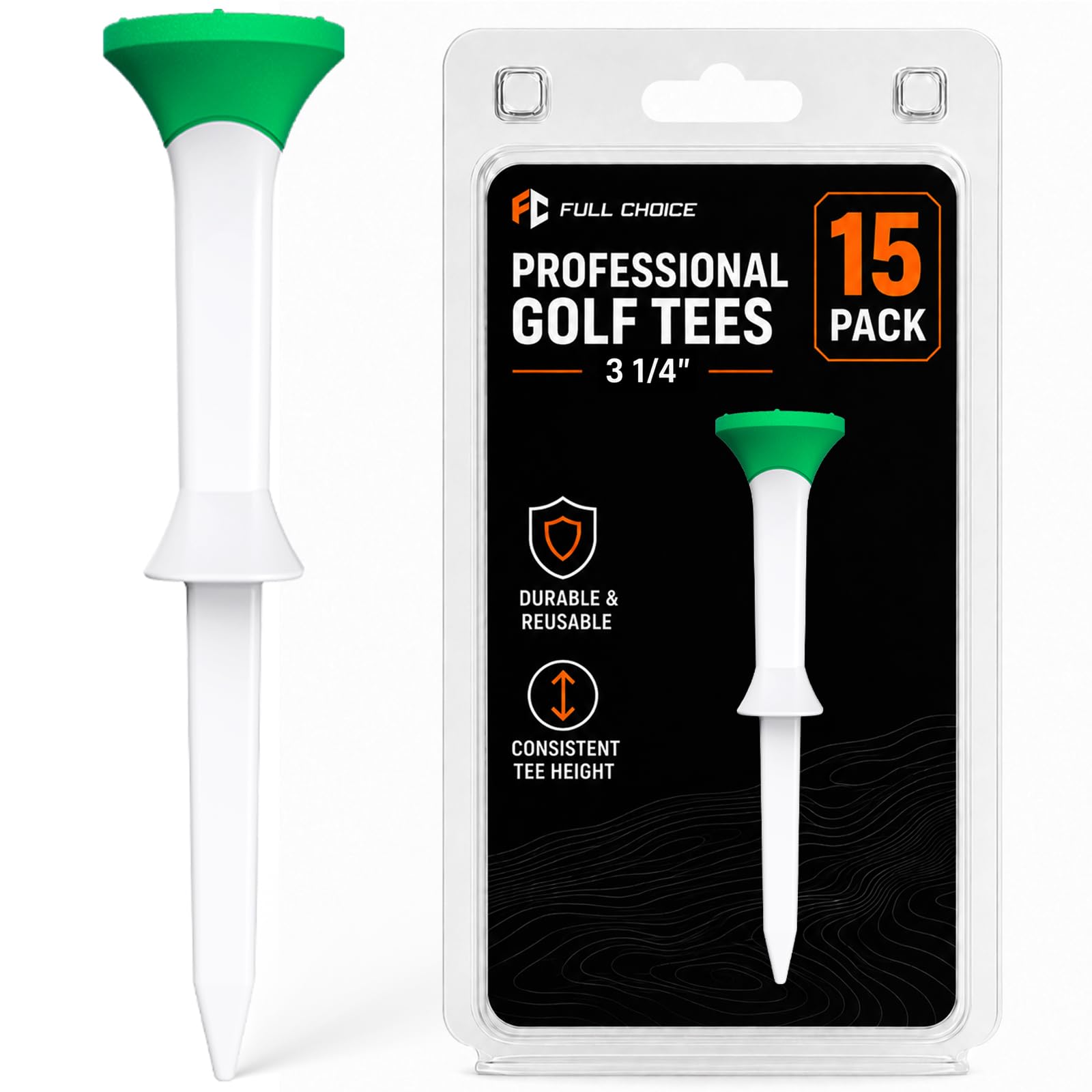 Full Choice 3-1/4" Stepped Golf Tees with Soft Rubber Heads, 15 Pack Fixed-Height Driver Tees with Raised Tips for Reduced Ball Contact and Wide Tops for Stable Ball Support