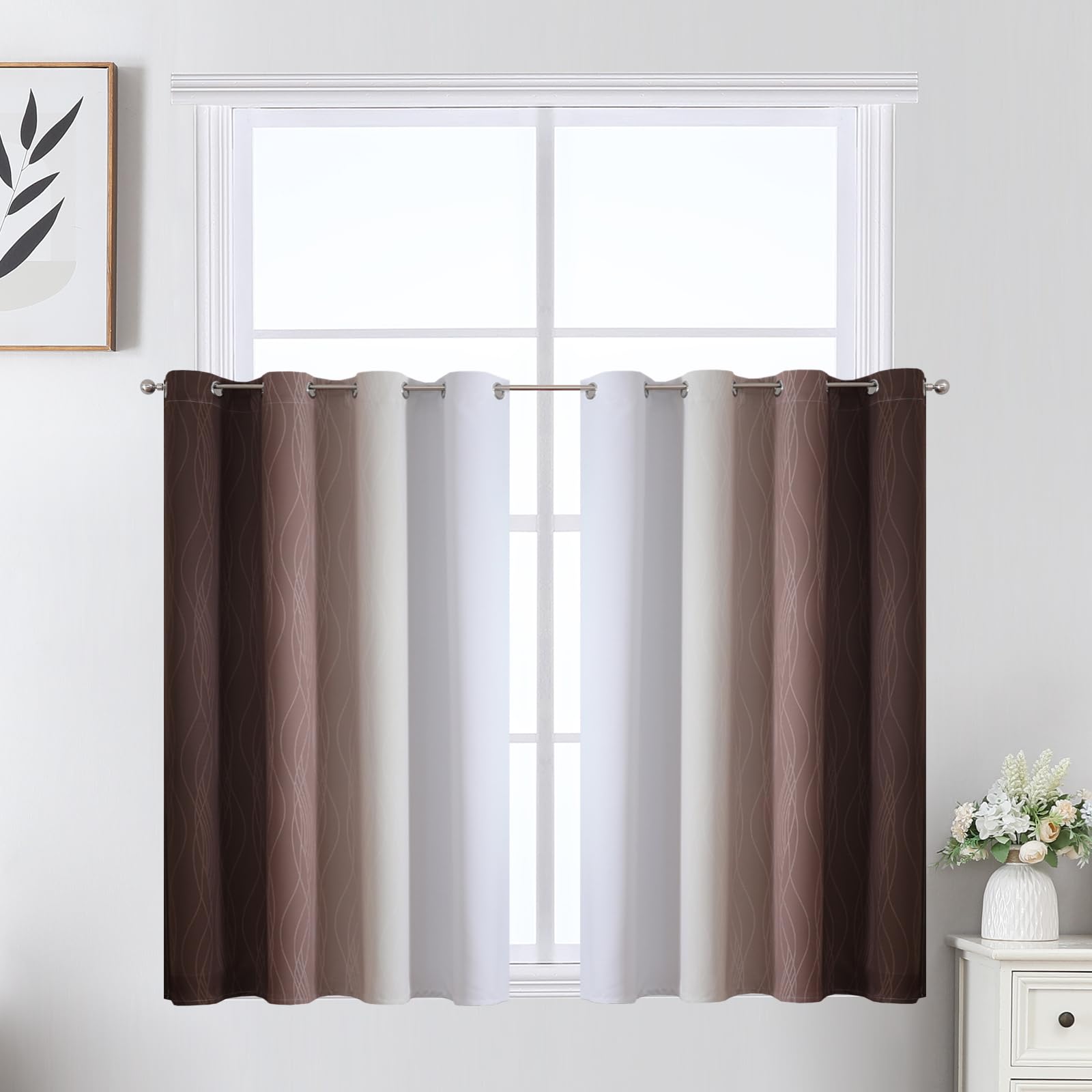 Estelar Textiler Brown and Greyish White Ombre Short Blackout Cafe Curtains 36 Inch Length, Thermal Insulated Grommet Small Half Window Drapes for Kitchen/Basement/RV Camper, 52Wx36L, 2 Panels