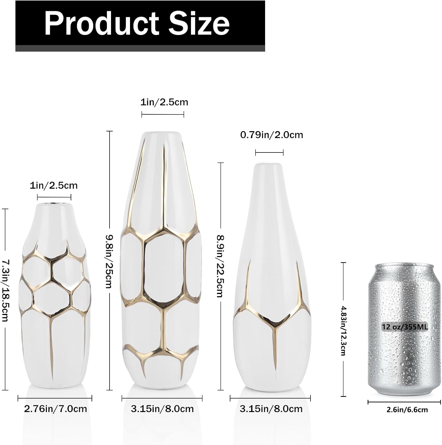 Ceramic Geometric Decorative Vase Set of 3, White and Gold Vases, Modern Home Decor Vases, Suitable for Living Room, Kitchen, Bedroom, Bathroom, Entryway Mantel, and TV Console Decor.