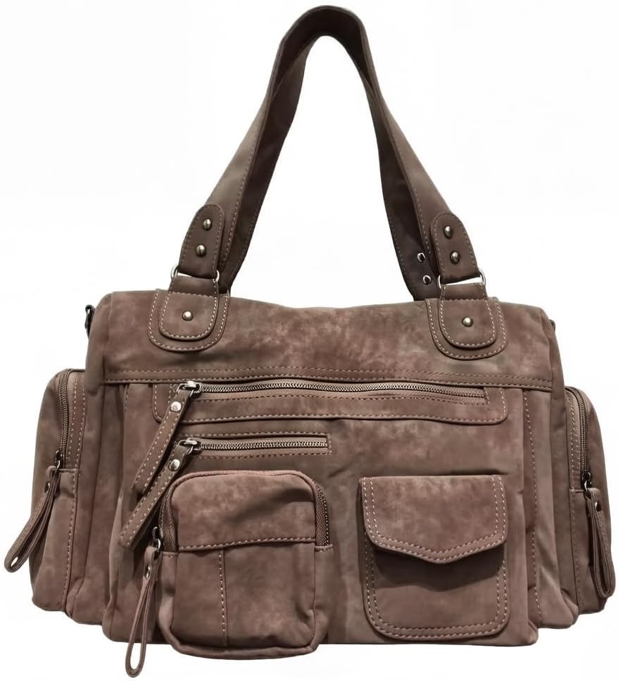 Y2K Vintage Handbag for Women, Distressed Faux Suede Leather Tote Bag with Multi Pockets, Large Capacity Soft Shoulder Purse with Rivet Details, Crossbody Satchel for Travel Work Festival | Y2K