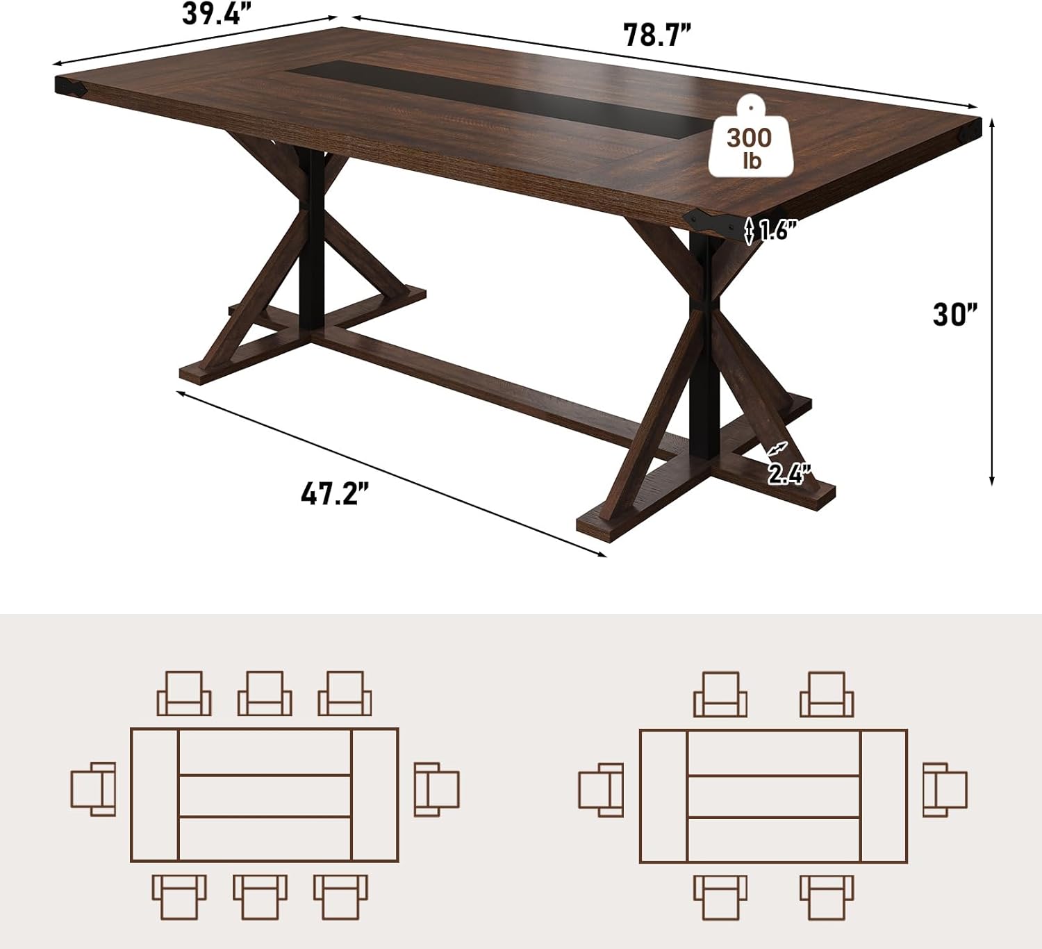 Diagram showing the dimensions of the 78.7 x 39.4 x 29.9 inch dining table and seating capacity layouts.