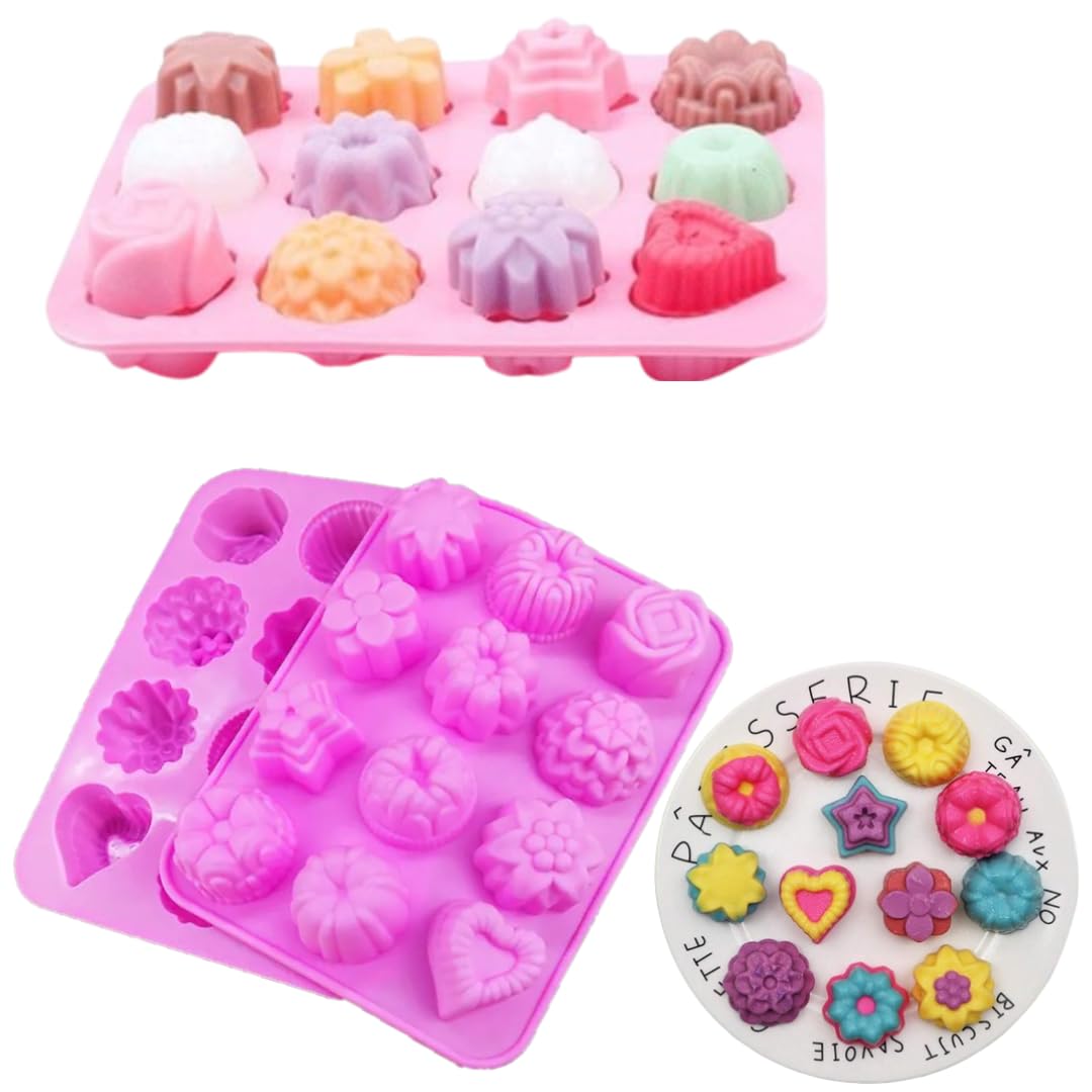 LEGACYCART 12 Cavity Flower Silicon Mold for Cupcake Pudding Jelly Candy/Flower Wax Tart Mold Candle-Making & Soap(Mix Shape: Rose, Jasmine, Vanilla, Magnolia, Crown, Heart) Flexible & Reusable