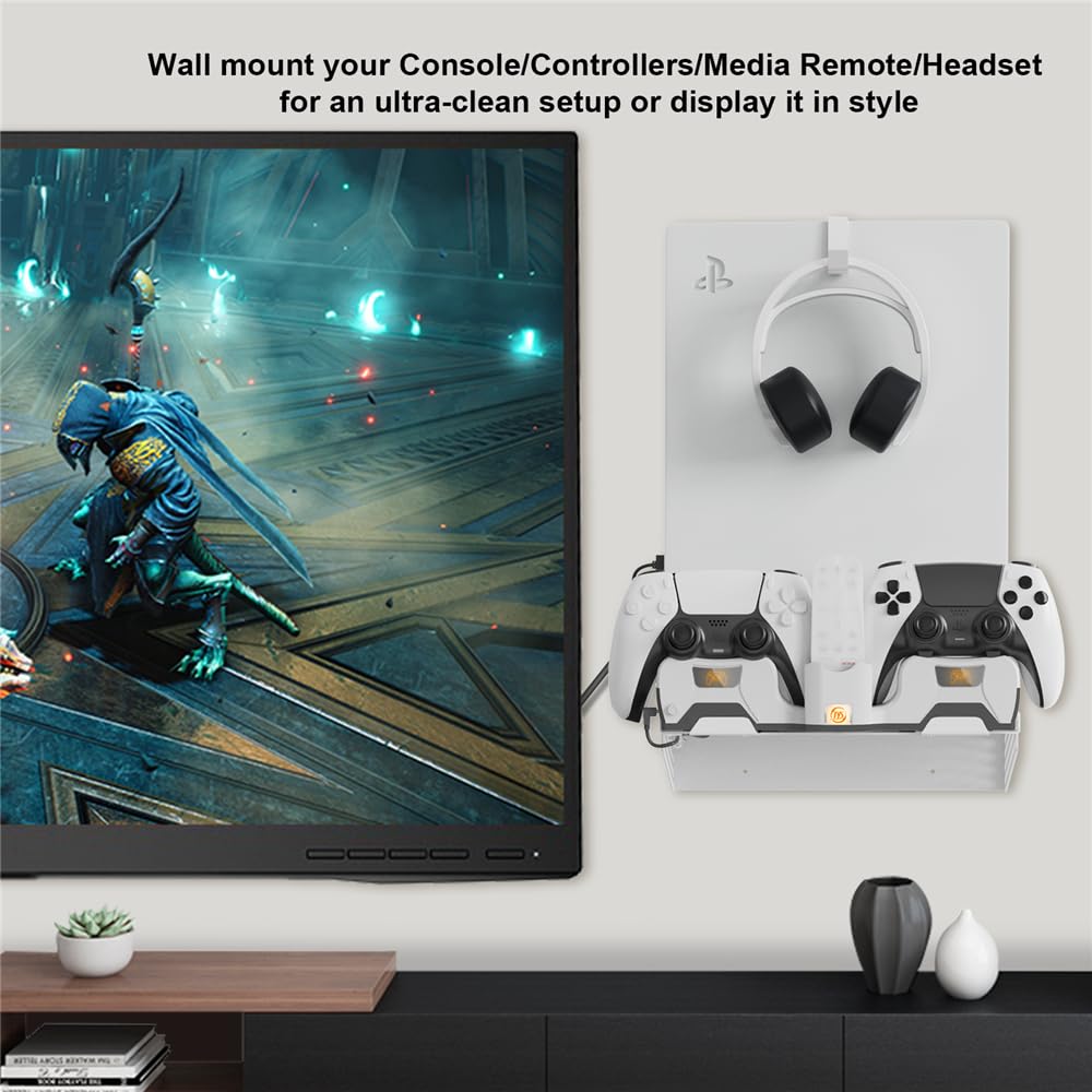 Soporte de pared consola de élite para PS5/PS5, soporte de pared de carga para mando doble con cable de carga magnético 2 en 1 y colgador de auriculares